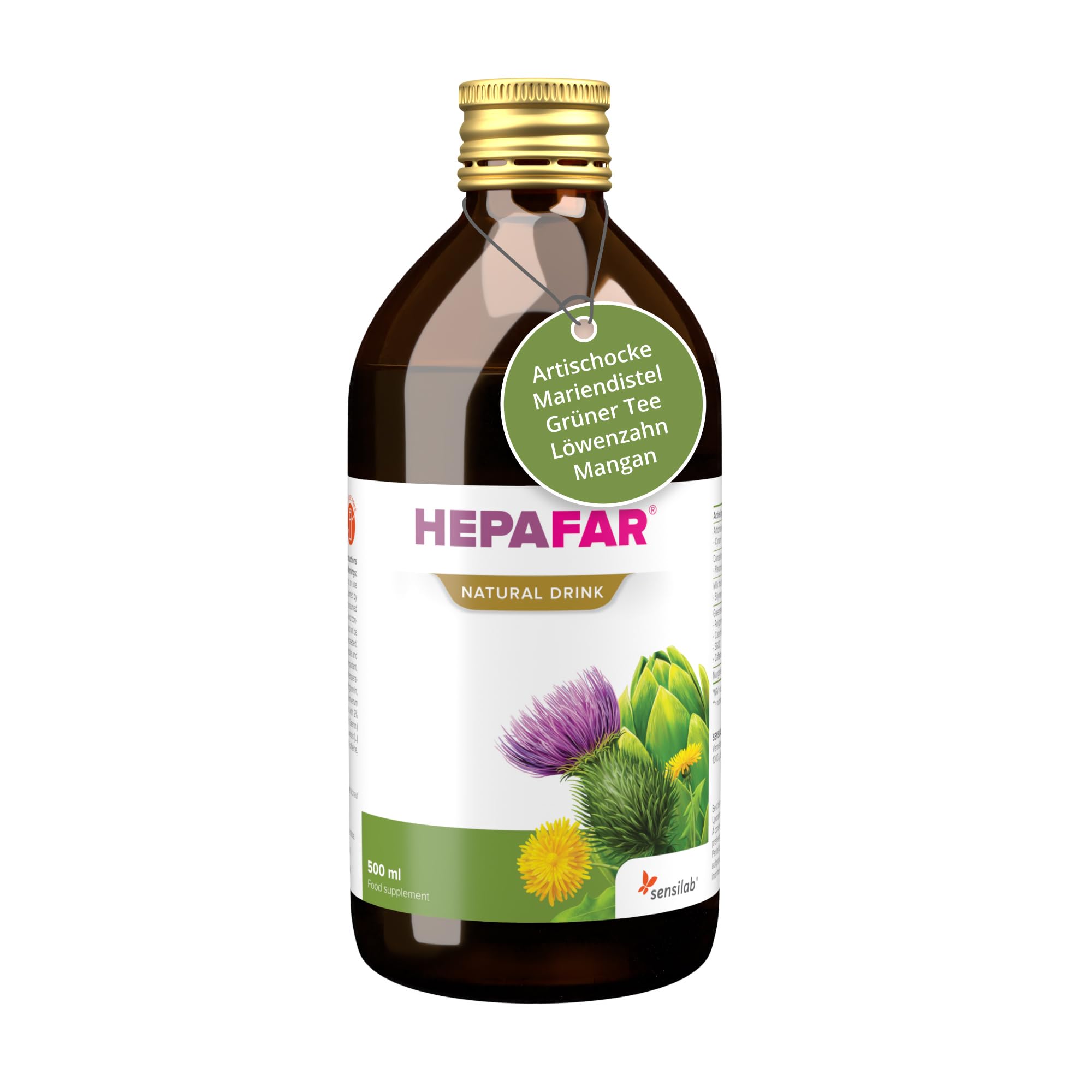 Hepafar Drink – Leber – 2x500 ml für 40 Tage – Mariendistel Tee, Lebertee – Mariendistel, Grüner Tee, Mangan, Löwenzahn & Artischocke – 80% Silymarin – Sensilab
