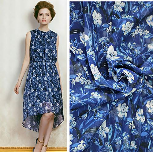 Designer White Floral Printed Blue Silk Chiffon Fabric By the Yard, Arts, Crafts & Sewing Silk Fabric for Sale, 55" Width