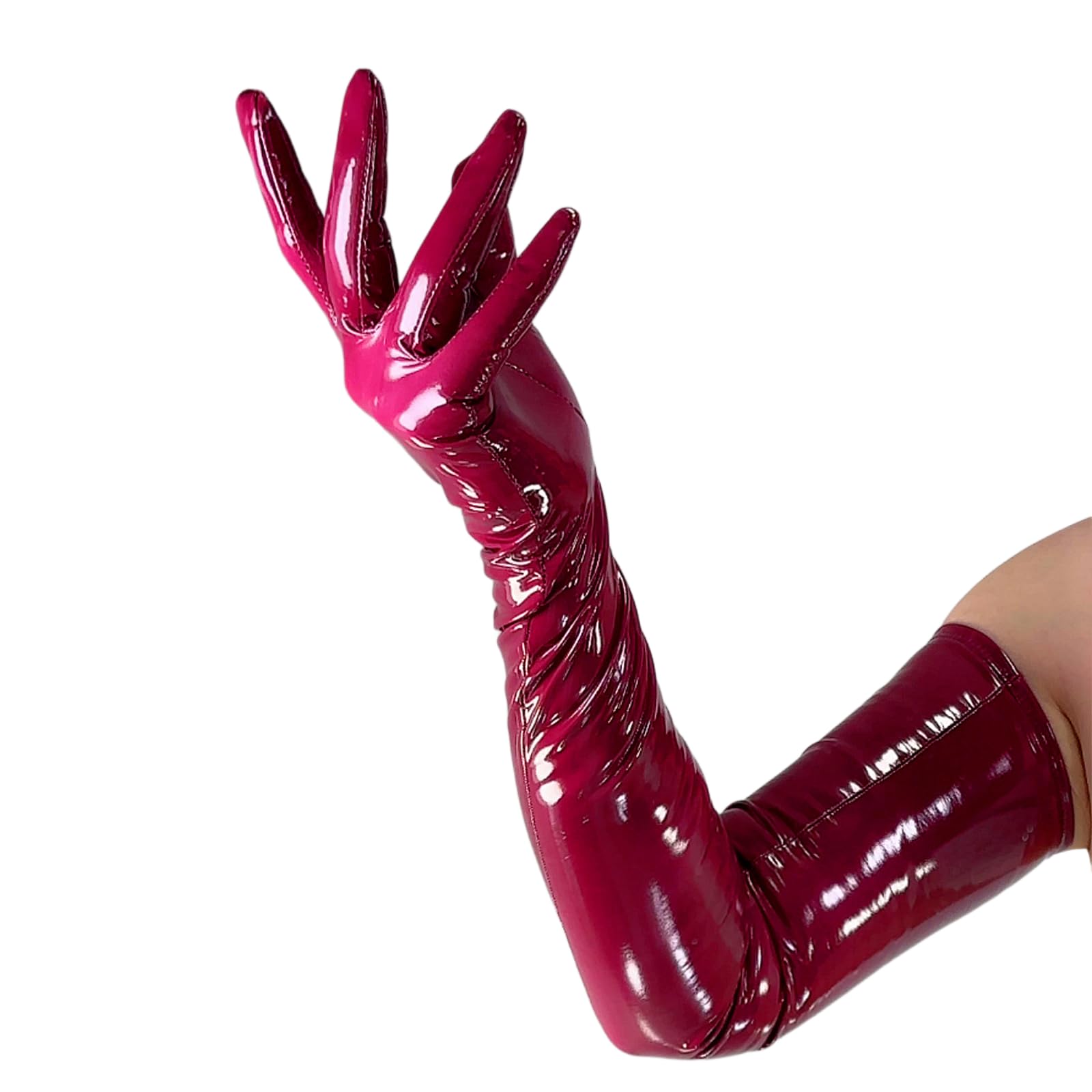 DooWay Women Long Latex Gloves Shoulder Length 28" Shiny Stretch PU Halloween Costume Party Gloves, Shiny Burgundy, Medium