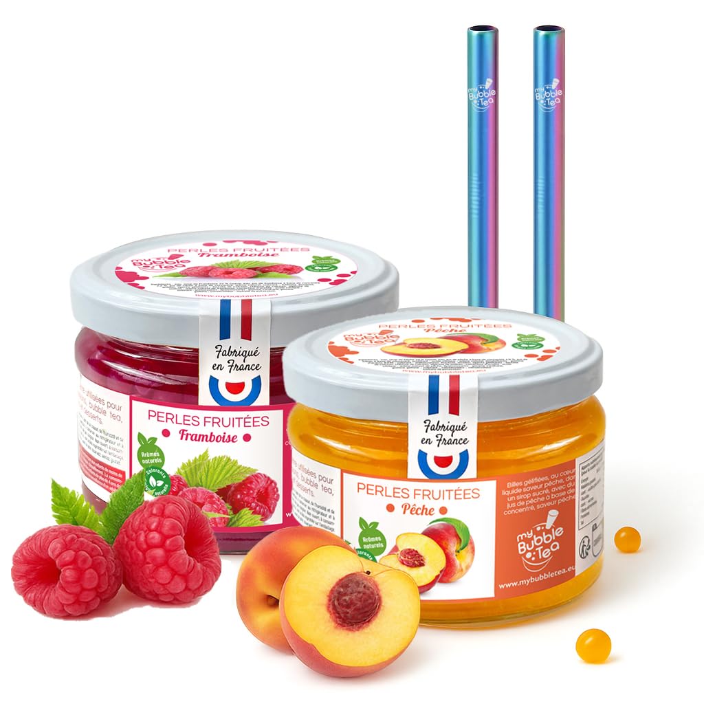 Bubble Tea Maison – Duo Perles Fruitées Pêche & Framboise – Made in France – Vegan – Sans Colorant – 2 Pailles Réutilisables Rainbow - 12 boissons