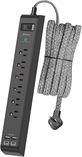Miniatura 8 de Regleta protectora de sobretensiones de 10 pies con 4 puertos USB, 2 salidas USB-C 6 CA, cable de extensión de enchufe plano, estación de carga USB,
