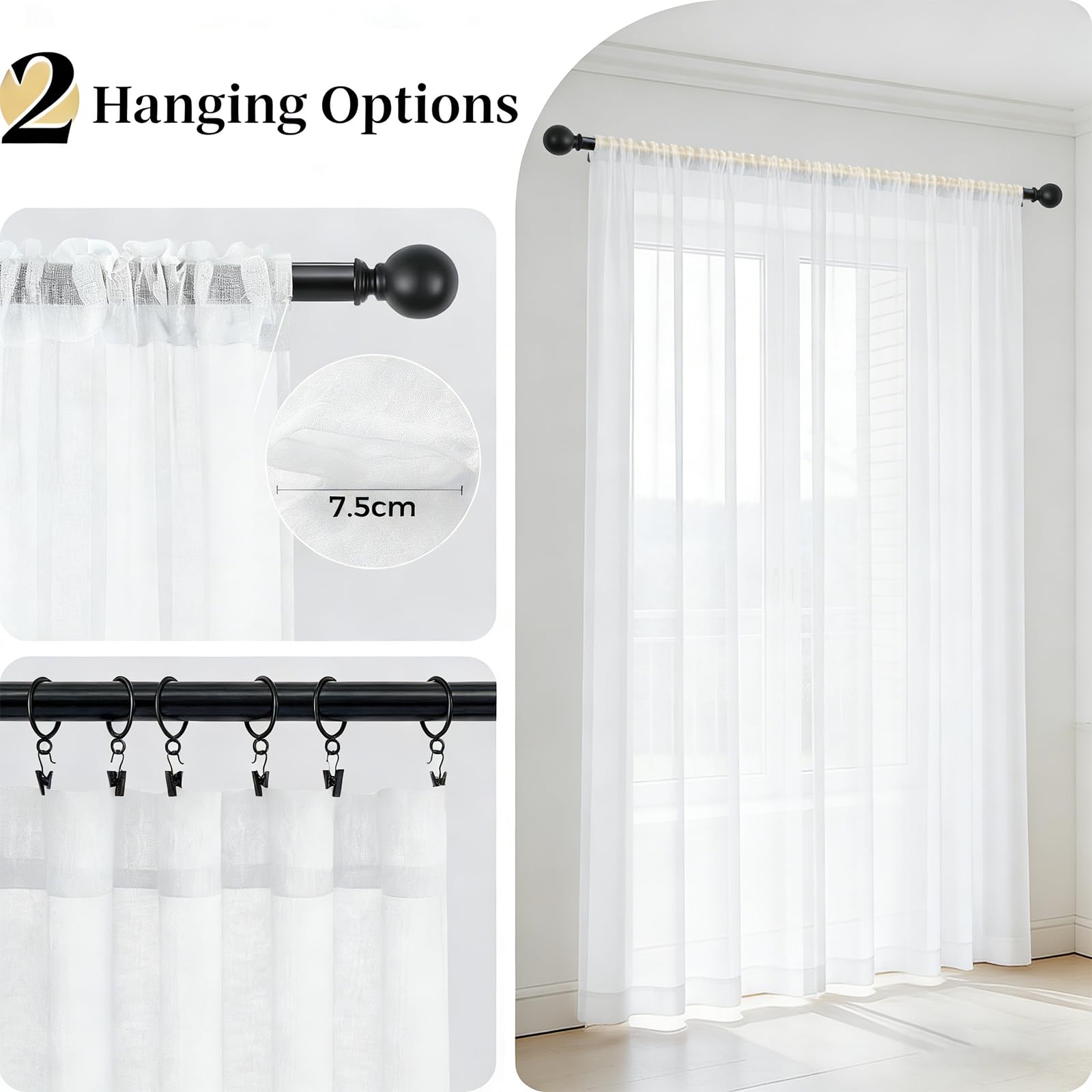 Tende Voile 205 x 241 cm con Occhielli, Morbidi, Moderne, Effetto Lino, Semitrasparenti, Traspiranti e Decorative, Tenda Bianca Trasparenti a Vetro per Soggiorno, Bianco
