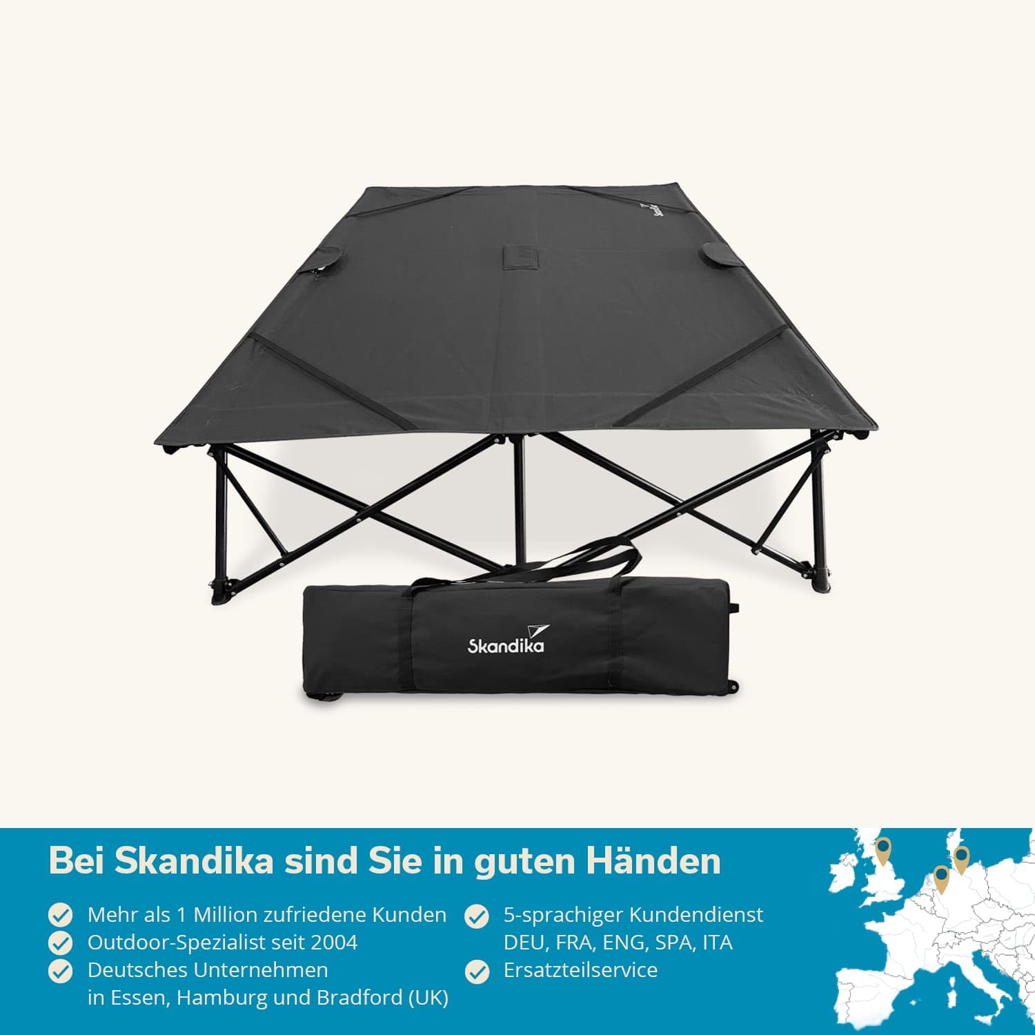 Skandika brandina da campeggio doppio per 2 persone Bodo | pieghevole, portata 250 kg, resistente alle intemperie, letto per ospiti | Lettino da campeggio per esterni, balcone, giardino