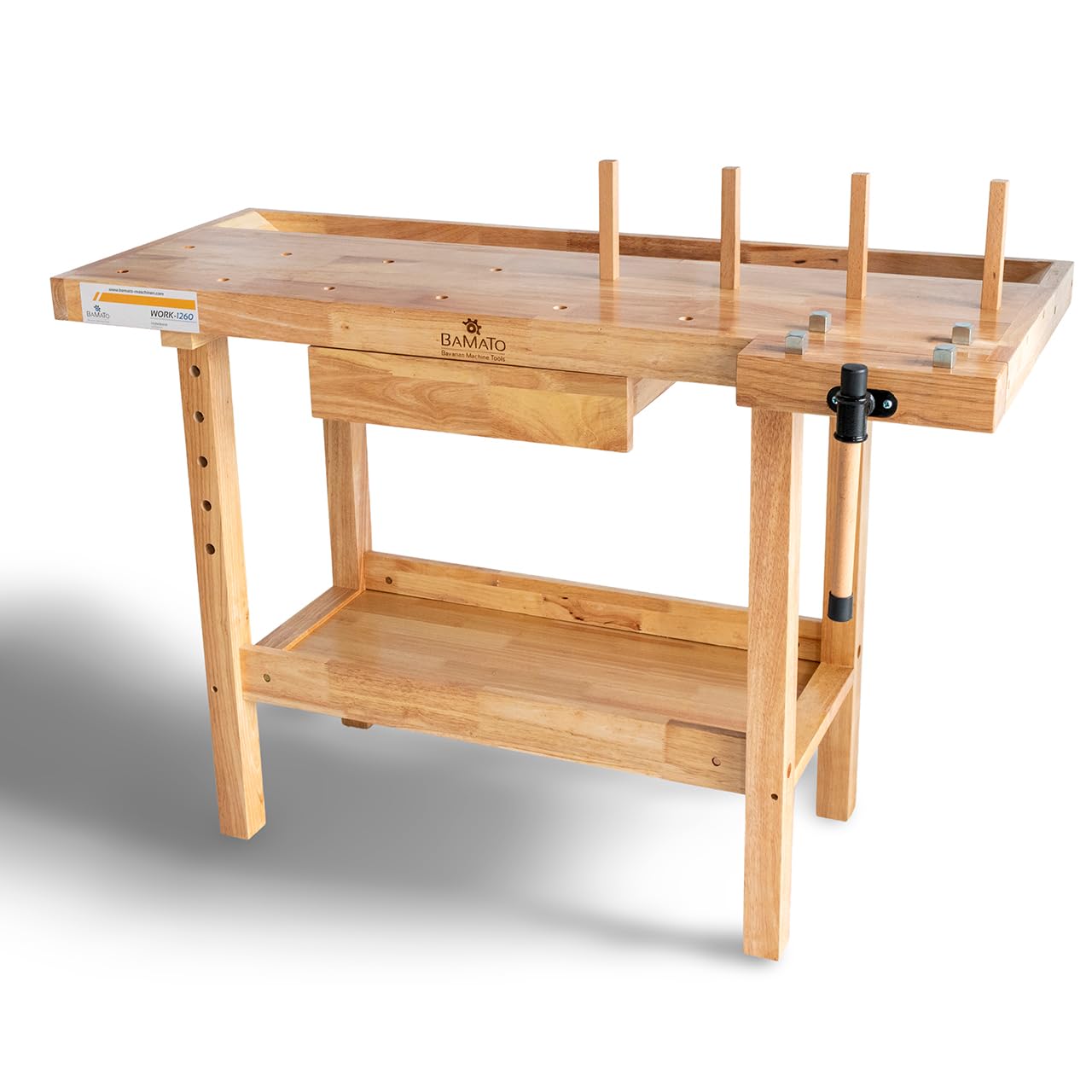 BAMATO Hobelbank WORK-1260 Werkbank Werkstatt Holz Spannzange Hobby | Robuste Hobelbank mit einfachem Aufbau | Inklusive je 4 Bankhaken aus Metall und Holz | Spannzange & große Werkzeugablage