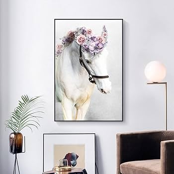 Amazon｜白い馬の花クリエイティブポスター乗馬スポーツウォールアート