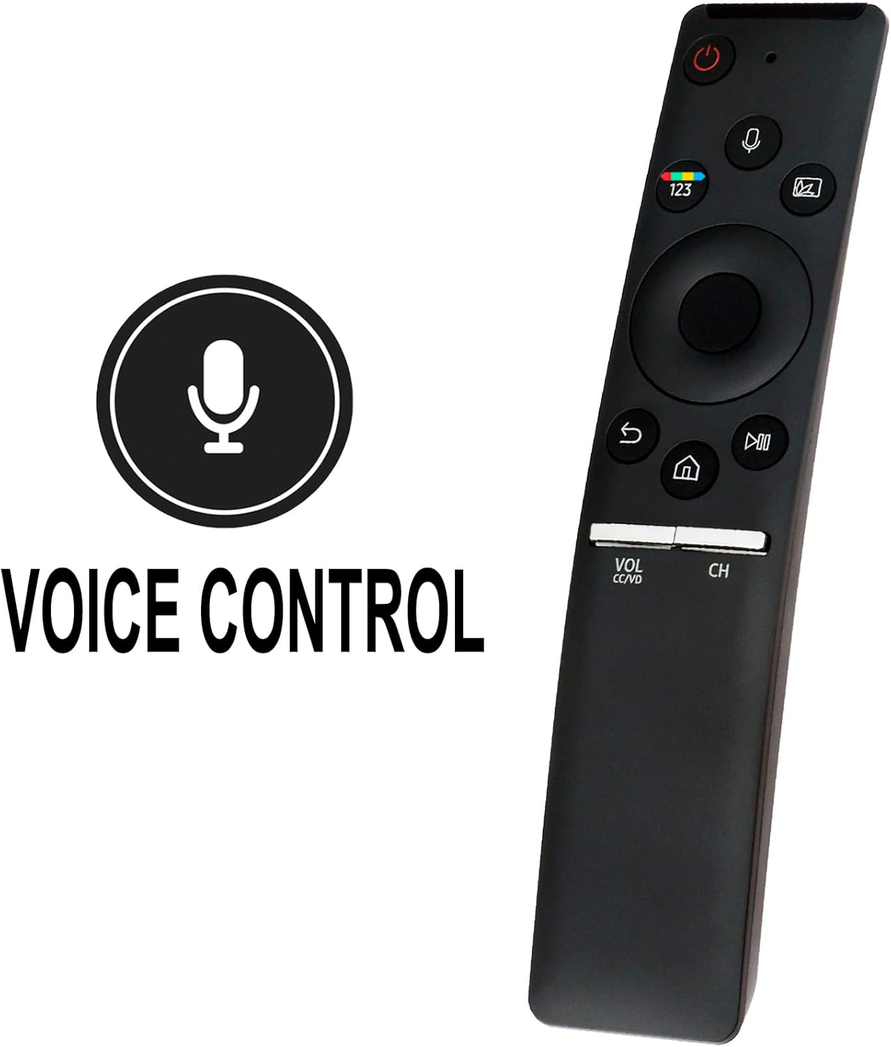 Image highlighting the voice control feature of the remote, with a microphone icon and the text 'VOICE CONTROL'.