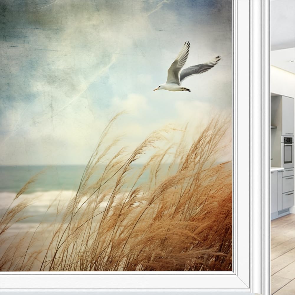 Zeitgenössische Sichtschutzfolie mit Möwe, wildes Grasland, Küste, Seevögel, Milchglas, Fensterfolie, dekorativ, statisch haftend für Glas für Zuhause, 90 x 140 cm