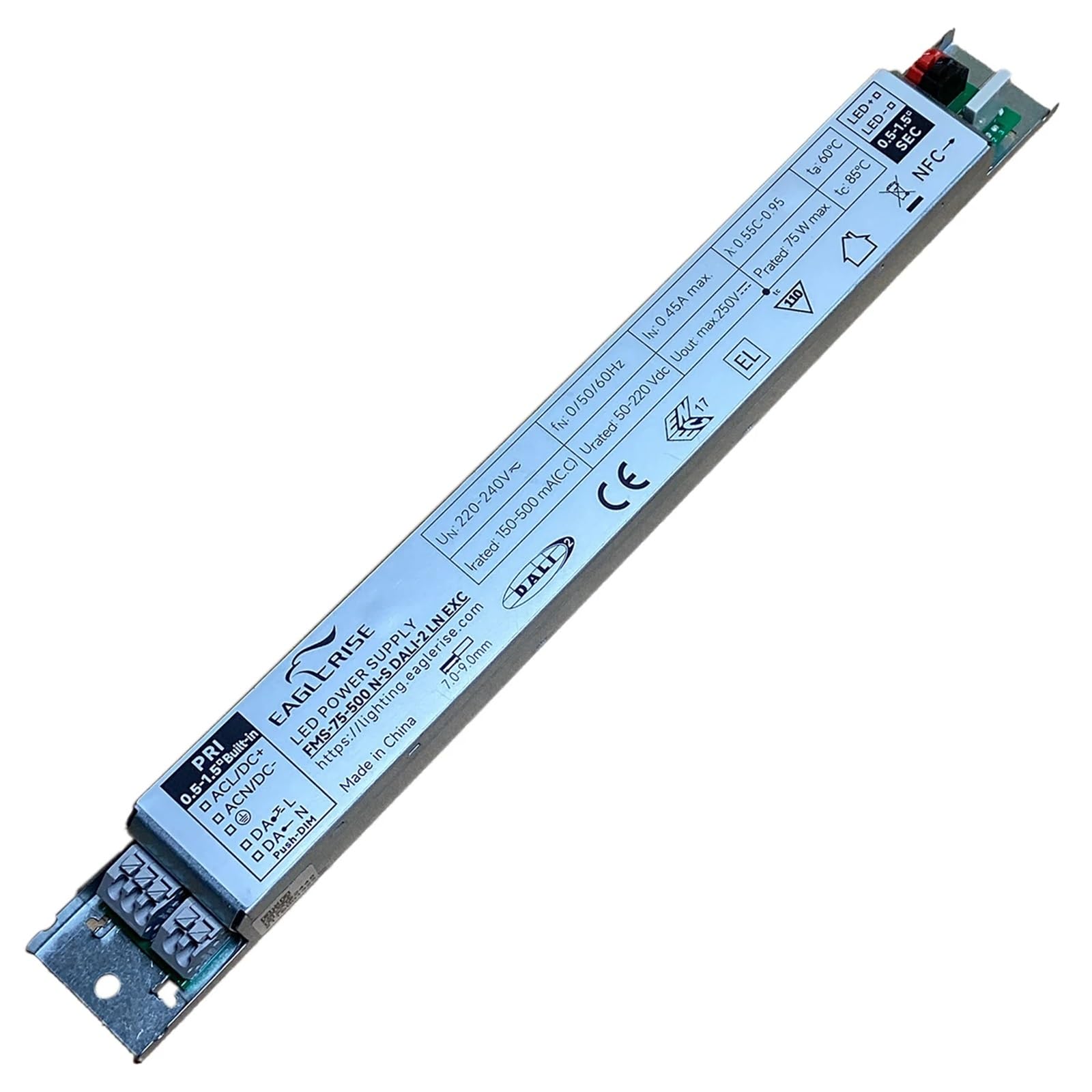 DALI PUSH kompaktowy, liniowy sterownik LED, 75 W, 100 W, NFC, regulowany prąd 150-500 mA, napięcie znamionowe 50-220 V DC, ściemniacz do przedpokoju