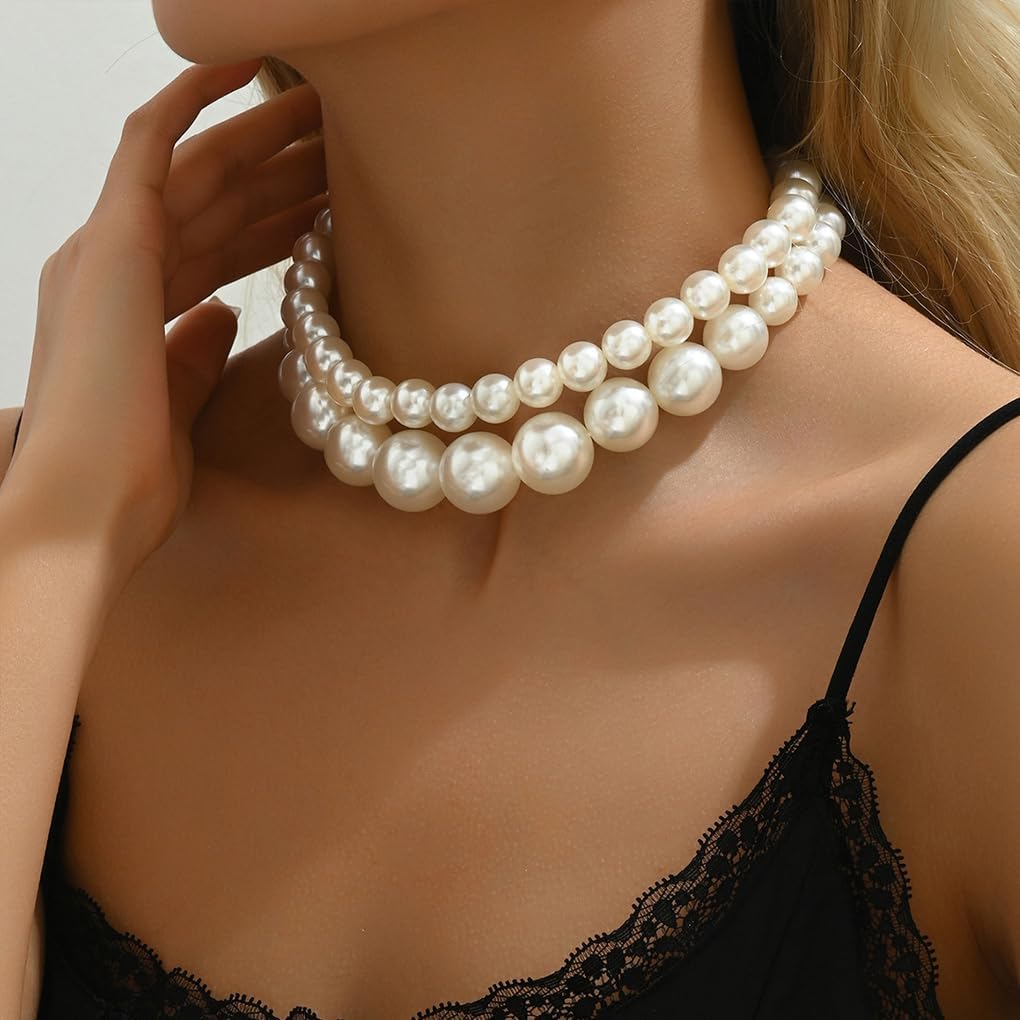 Layered Big Pearl Choker Necklaces for Women Fashion Adjustable Faux Pearls Necklaces Chunky White Large Beaded Necklace Jewelry Accessories - Image 4