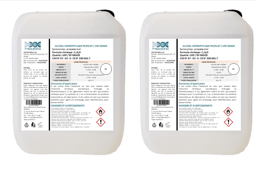5LX2 de Alcohol Isopropílico 99,9% extra puro - Fabricado en Francia - Isopropanol líquido IPA perfecto como disolvente, limpiador y desengrasante EP/USP GRADE (2)