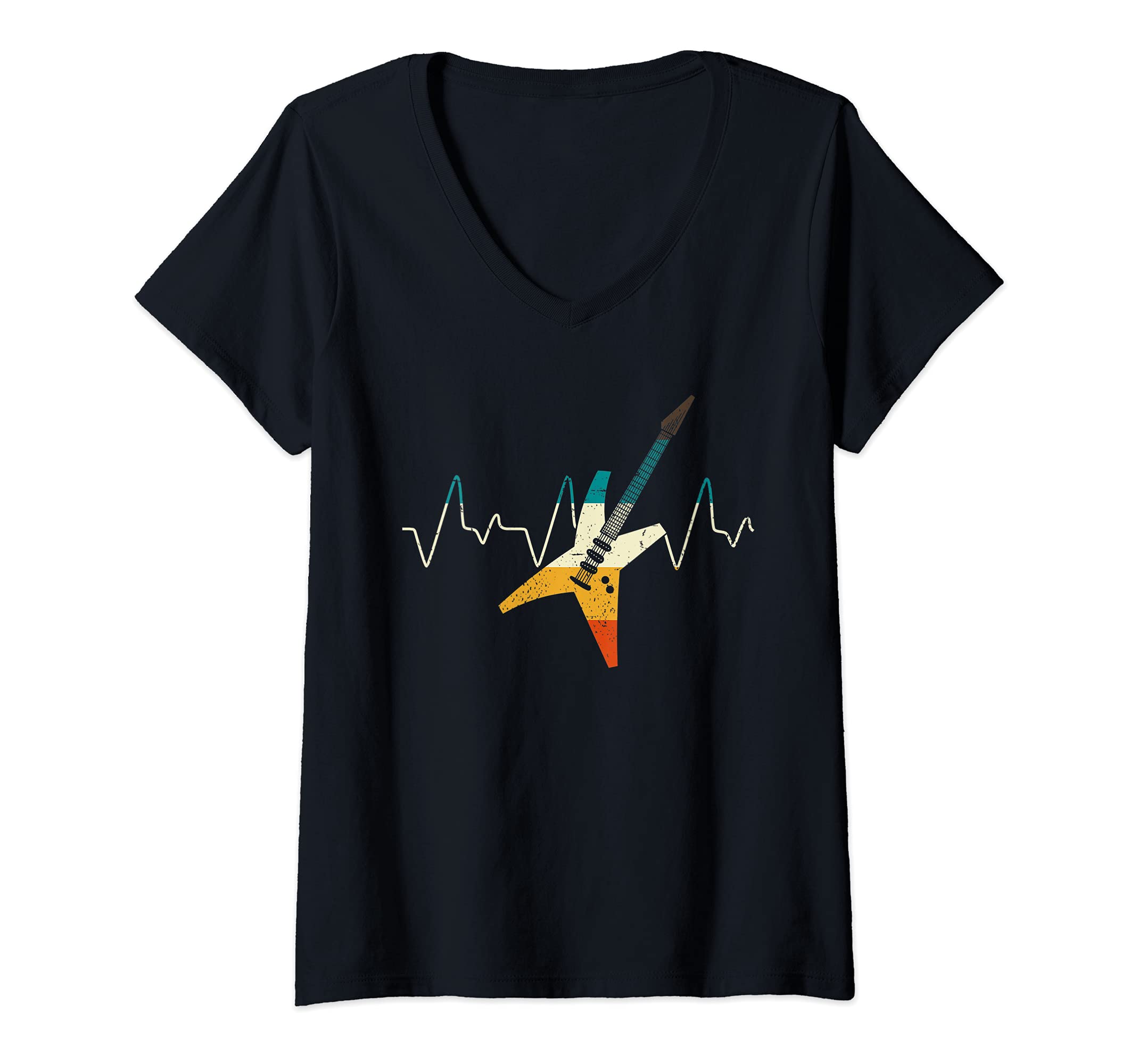 Womens Retro Musician Electric Guitar Heartbeat Guitarist Guitar V-Neck T-Shirt, Black
