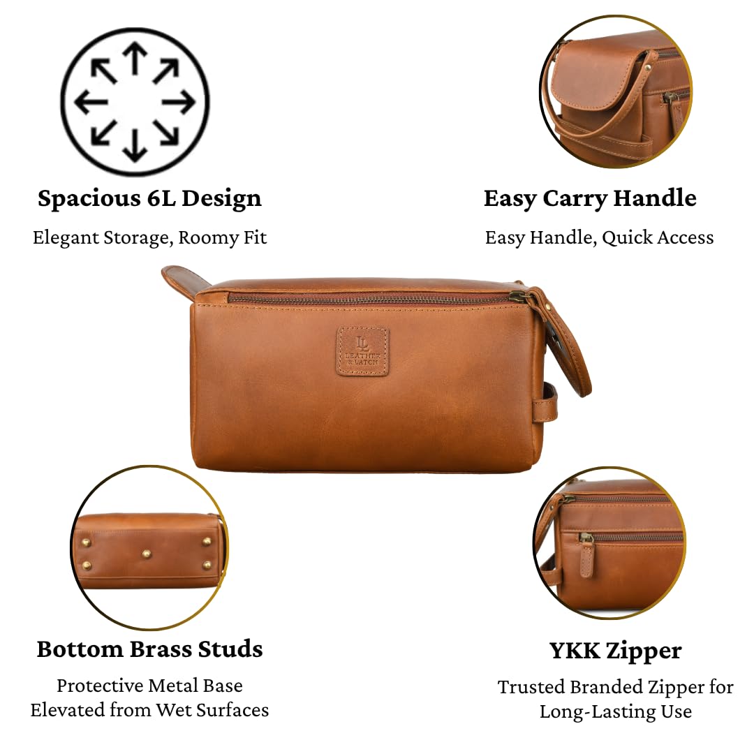 Leather & latch Beauty case unisex in pelle vintage di alta qualità, kit da viaggio per rasatura e cosmetici, organizer per uomini e donne (marrone cognac)