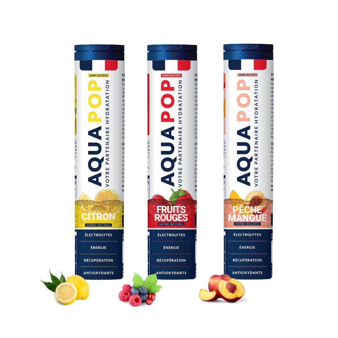 AQUAPOP - Pastilles électrolytes - Pack de 3 tubes - Sans Sucres - Favorise l'hydratation et l'énergie - 60 Comprimés Minéraux et Vitamines - Sport & Bien-être - Fruits Rouge, Citron, Pêche - 3-Pack