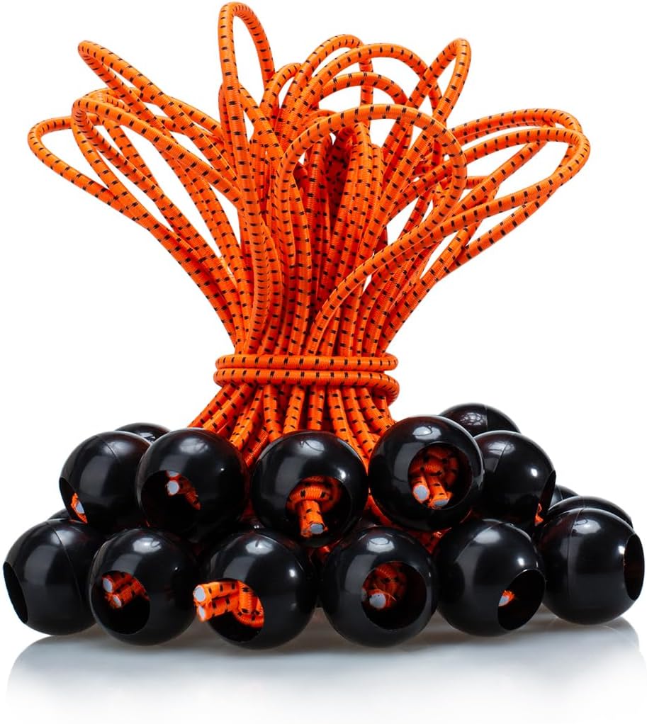 KoMe Vibrant Orange Elastic Cords - Multipurpose Bungee Ropes for Outdoor Tents and Gardening, High Visibility, 30-Pack