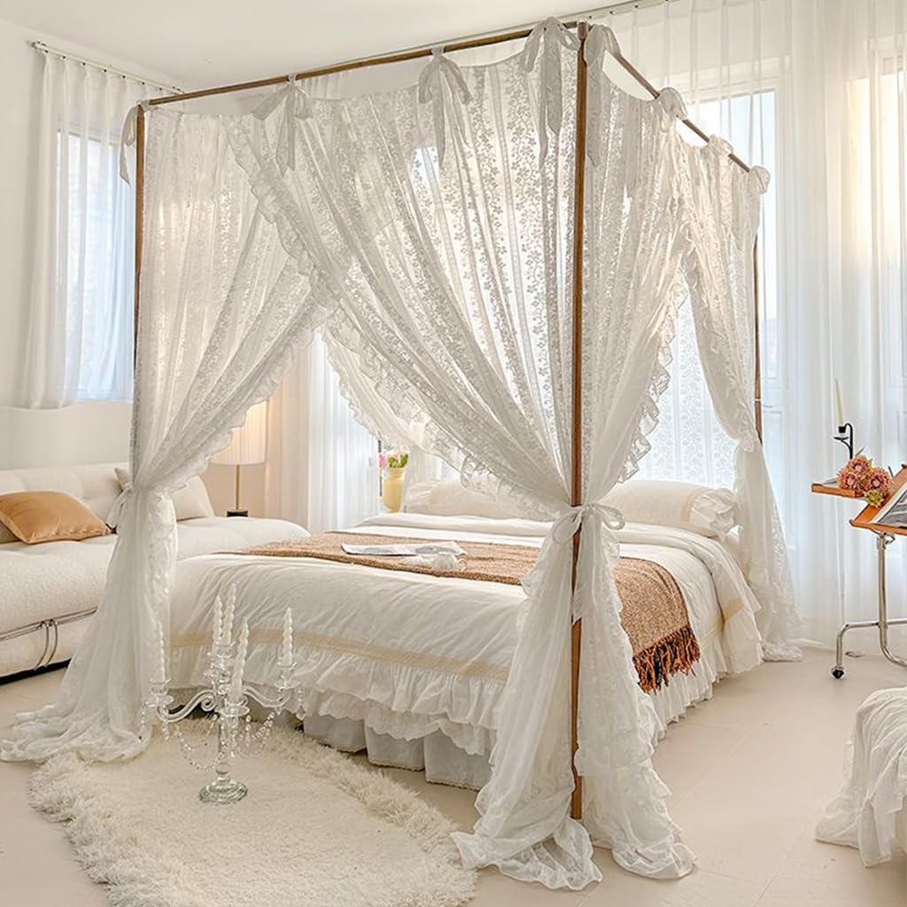 Moustiquaire de lit King Size à 4 colonnes fleur blanche décorative