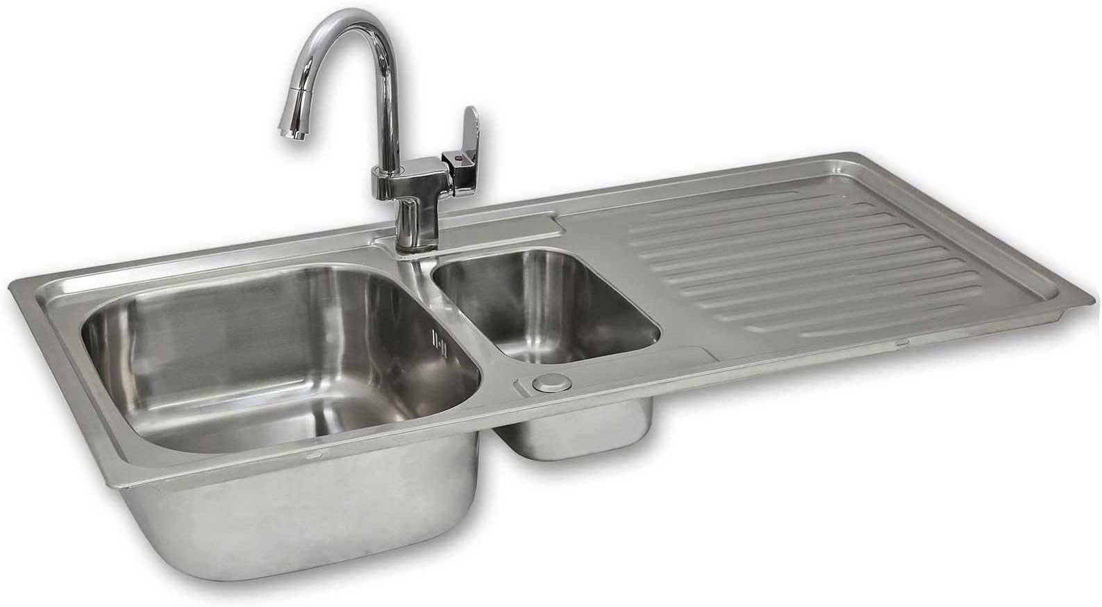 KuKoo Stainless Steel Kitchen Sink Basin & Confetti Tap, Reversible 1.5 Bowl, 105cm x 18cm x 50cm