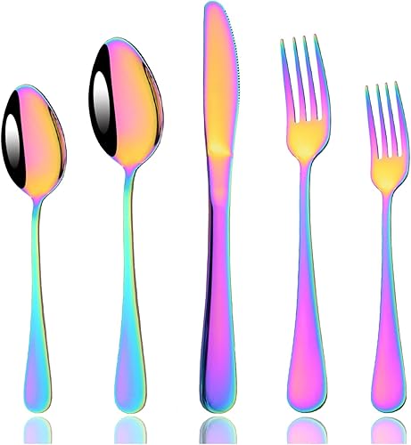 JASHII Rainbow - Juego de cubiertos coloridos de acero inoxidable, juego de vajilla para 4, incluye cuchillo, tenedorcuchara, reutilizable, pulido