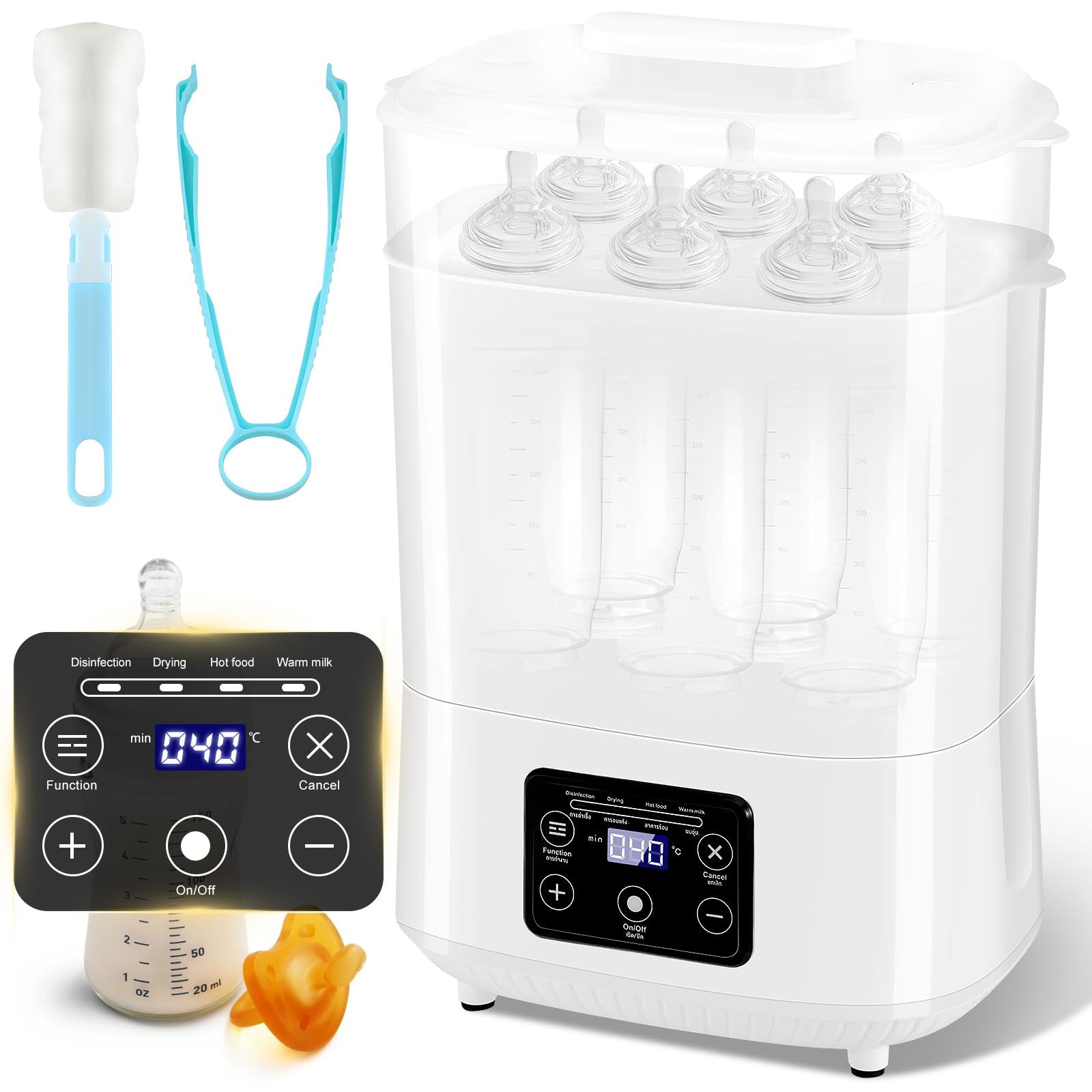 Baby Bottle Sterilizer & Dryer, 4-in-1 Electric Baby Sterilizer and Dryer with Digital LED for Hold 6-8 Bottles, 2 Layers All-in-One Sterilizer with Disinfect, Hot Milk, Steam and Dry