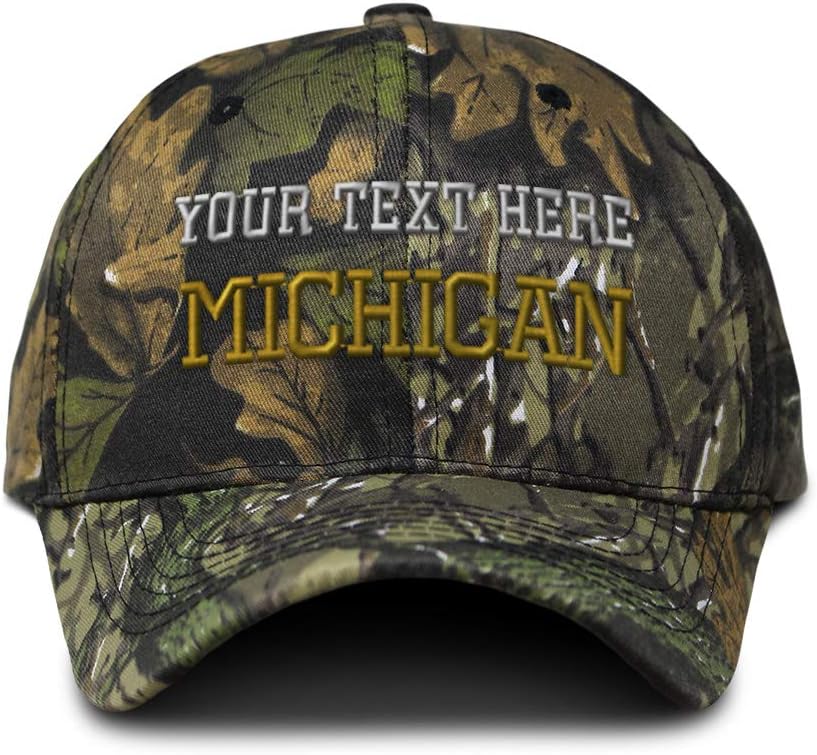 Custom Camo Baseball Cap Michigan State USA America Embroidery Cotton Hunting Dad Hats for Men & Women Strap Closure Forest Tree Green Personalized Text Here