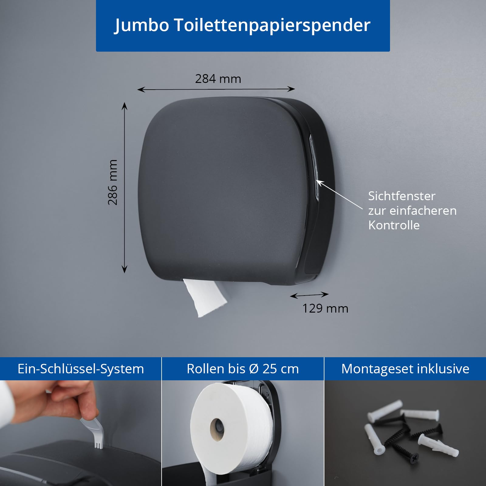 HypaFol Jumbo Toilettenpapierspender, schwarz matt – für Rollen bis Ø 24 cm, robust, modern, abschließbar, hygienisch, für Gewerbe & WC