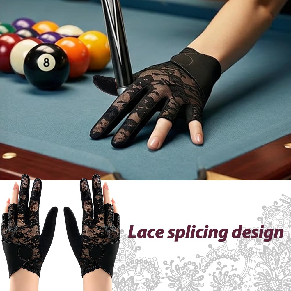 Billardhandschuh für Damen, Eleganter Spitzen-Billard-Handschuh für die Linke Hand, Rutschfester Snooker-Handschuh mit Silikon-Grip, Atmungsaktiver Queue-Handschuh für Pool-Billard Zubehör
