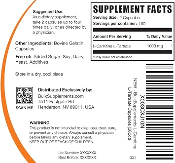 L-Carnitine L-Tartrate Capsules - Carnitine Supplement, L Carnitine 1000mg Capsules - L-Carnitine Tartrate, Gluten Free - 2 Capsules per Serving, 360 Capsules (Pack of 1)