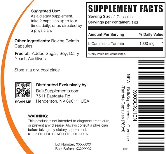 L-Carnitine L-Tartrate Capsules - Carnitine Supplement, L Carnitine 1000mg Capsules - L-Carnitine Tartrate, Gluten Free - 2 Capsules per Serving, 360 Capsules (Pack of 1)