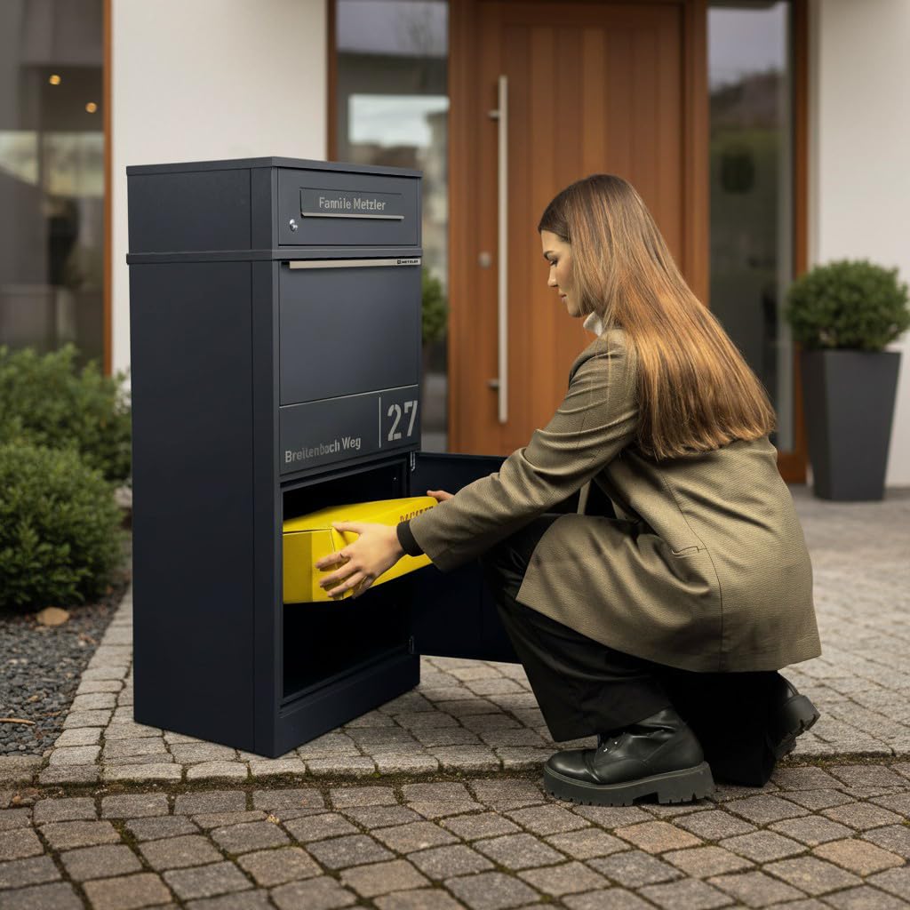 Metzler Paketbox draussen groß in Anthrazit - Briefkasten mit Paketfach personalisiert mit Gravur - Standbriefkasten mit Edelstahl Namensschild pulverbeschichtet in RAL 7016 rostfrei und massiv