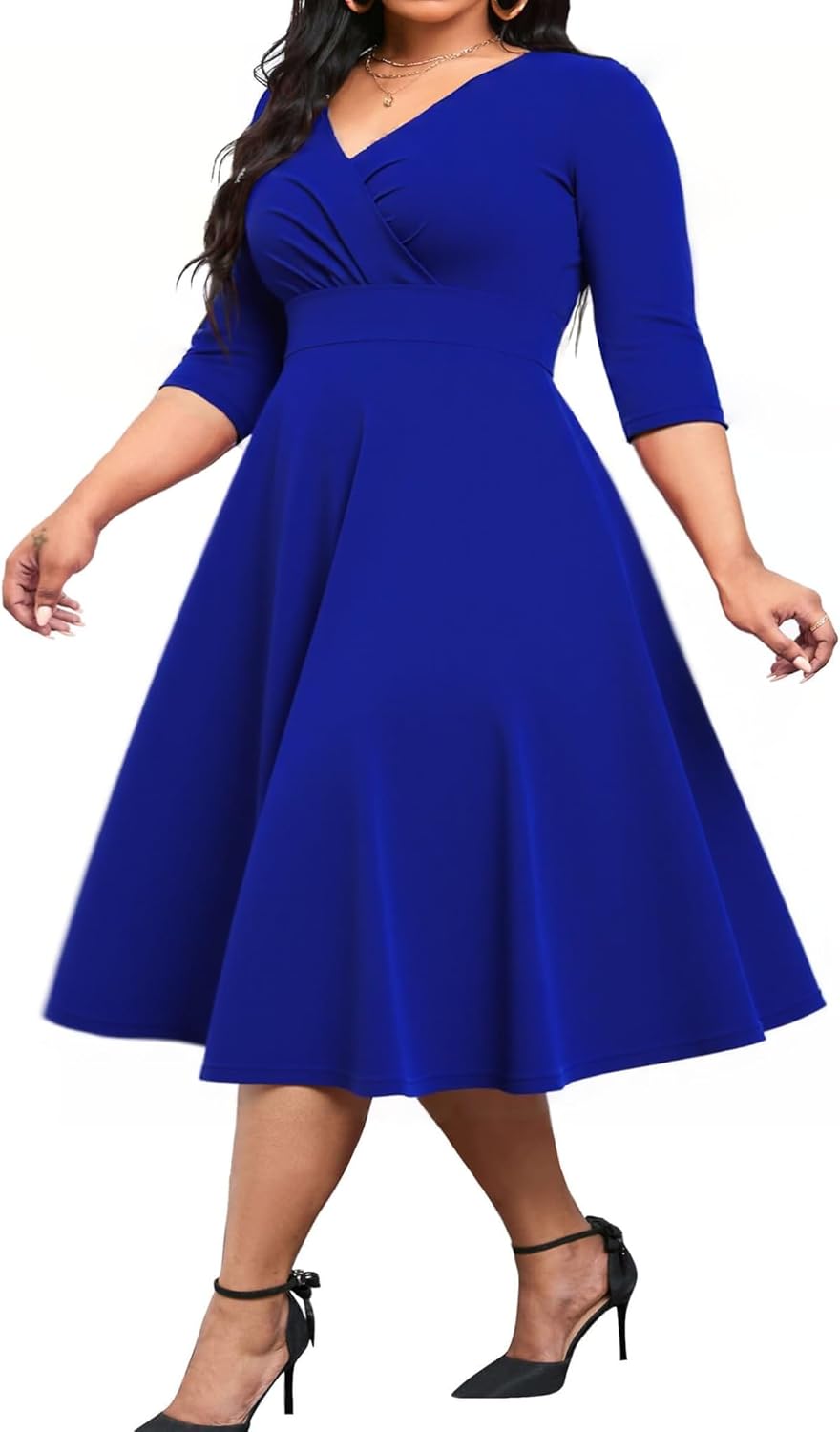 Womens Plus Size Dresses Faux Wrap Summer Dress 3/4 Sleeves V Neck 1950s Retro Vintage Wedding Party Midi Dress