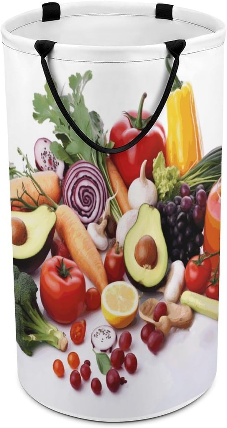 Healthy Food Laundry Hamper with Handles Waterproof Collapsible Laundry Basket Large Lightweight Round Dirty Clothes Hamper for Home Dorm Bathroom Decor