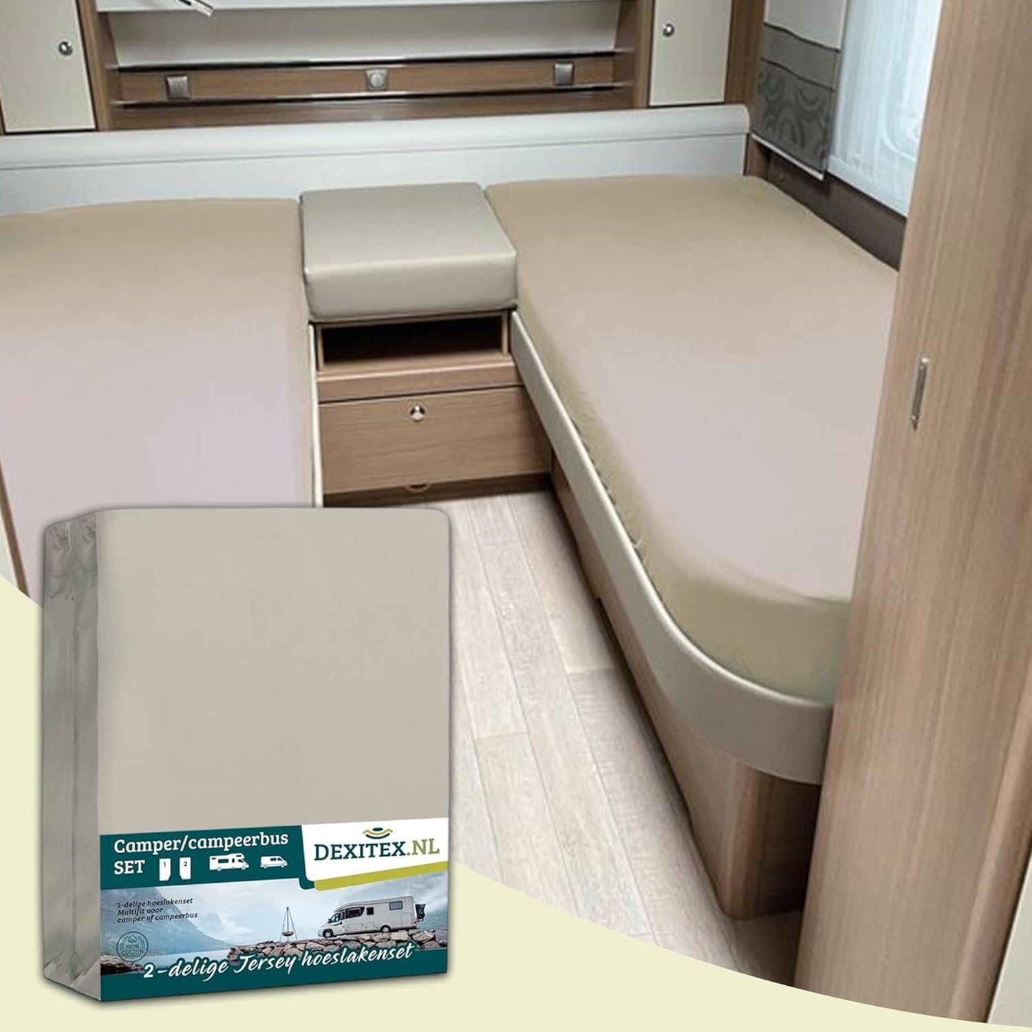 Spannbetttuch Wohnmobil 2 Teilig Fitted Sheet -Sand für Matratze Wohnmobil - Oeko-TEX 100% Baumwolle - 2 Teilig
