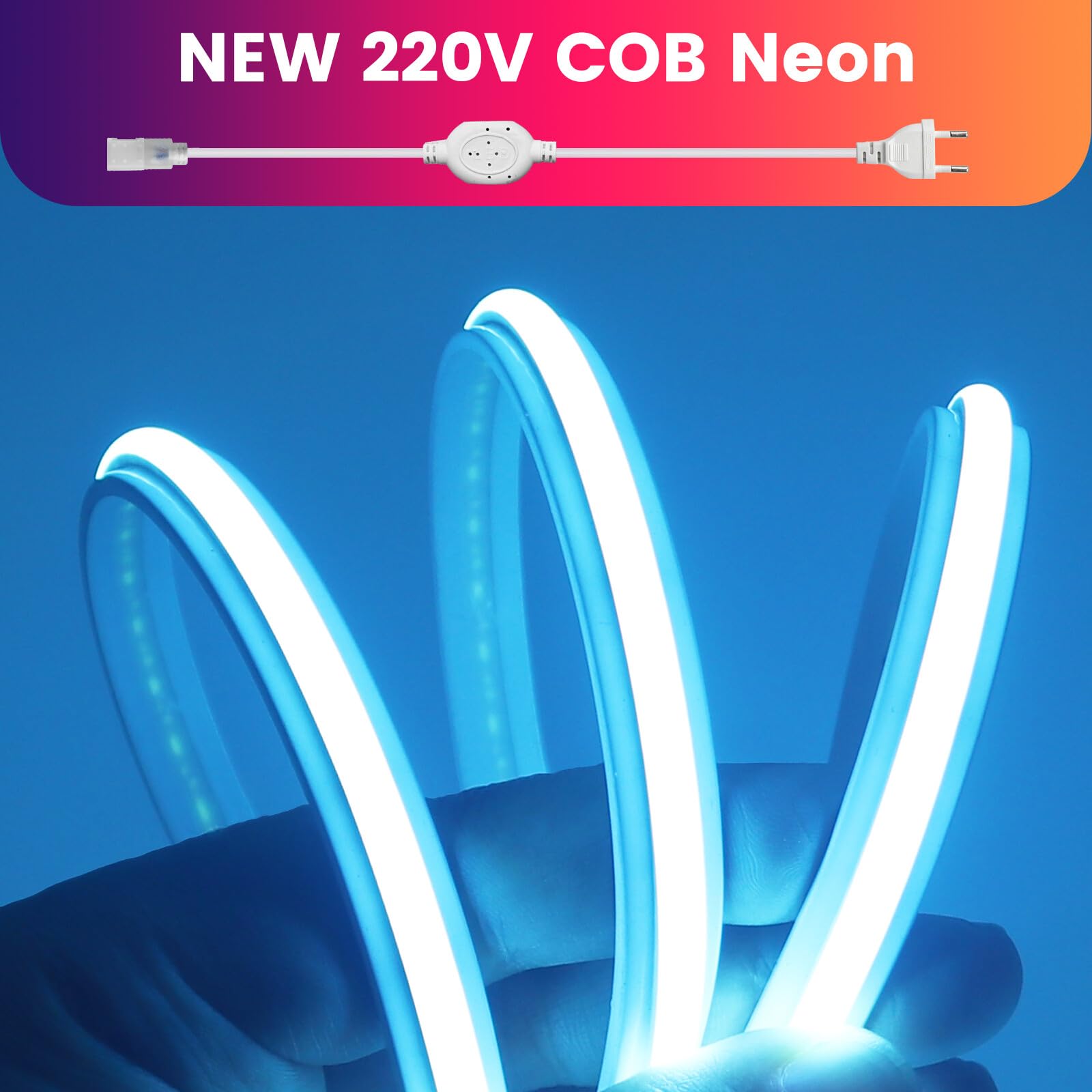 Neon LED Streifen, 240LEDs/m Superhellea Flexibel Selbstklebend COB LED Band, Schnitt alle 10cm，Hochzeit DIWeihnachten DIY LED Lichtband mit Netzteil für Wohnzimmer Küche Deko(Eisblau，35m)