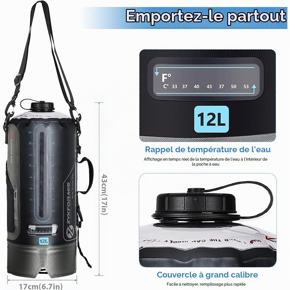 Douche de Camping Portable 12 L avec thermomètre et Pompe à Pied | TPU résistant, poche pliable, fenêtre transparente, double raccord, tuyau amovible, débit réglable, randonnée, plage, animaux