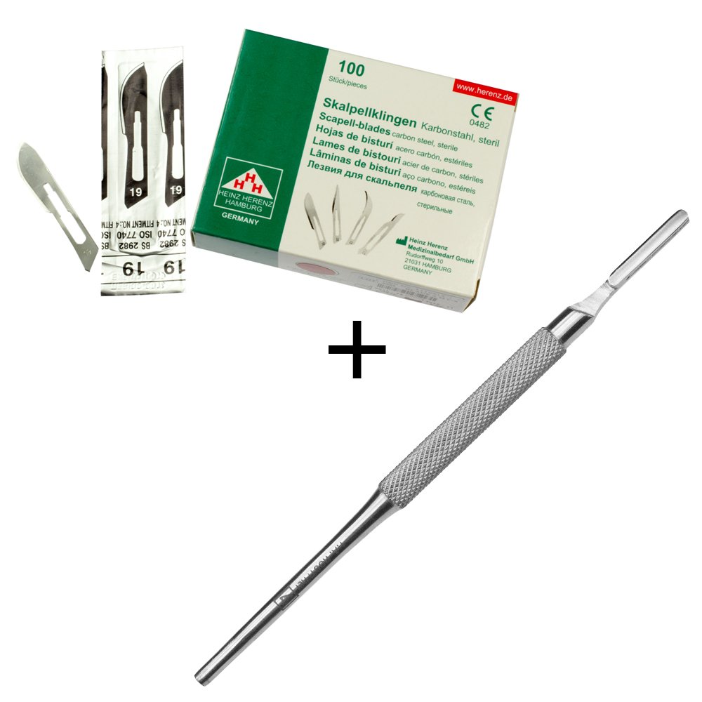 Set - 100 piezas hojas de bisturí No. 19 y mango de bisturí No. 4 - Hojas de repuesto para bisturí hechas de acero al carbono - Estéril