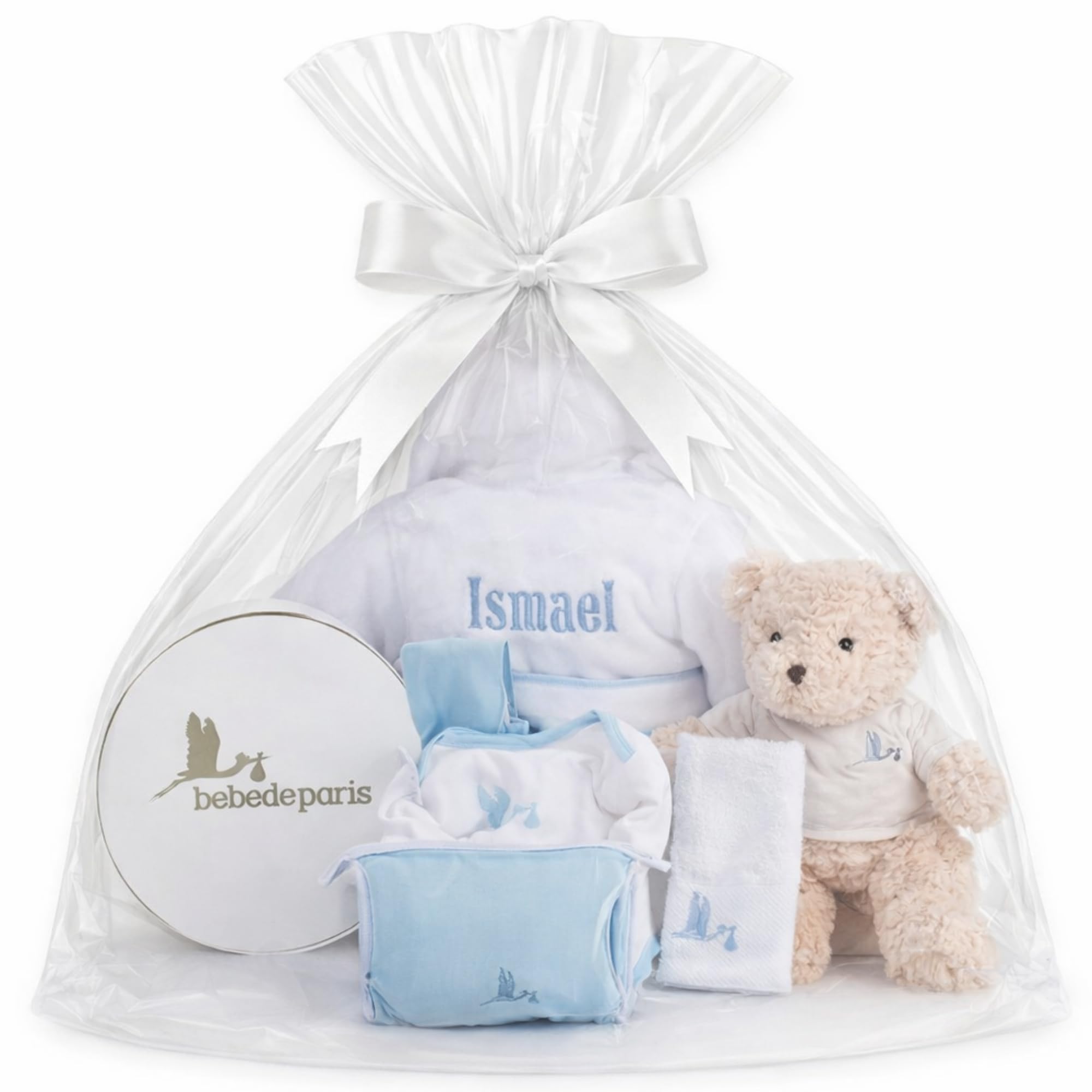 BebeDeParis Baby Geschenkset mit Namen personalisiert | Geschenkkorb zur Geburt | Bademantel bestickt (6–12 Monate), Body, Musselintuch, Kulturbeutel, Windeltasche & Teddybär
