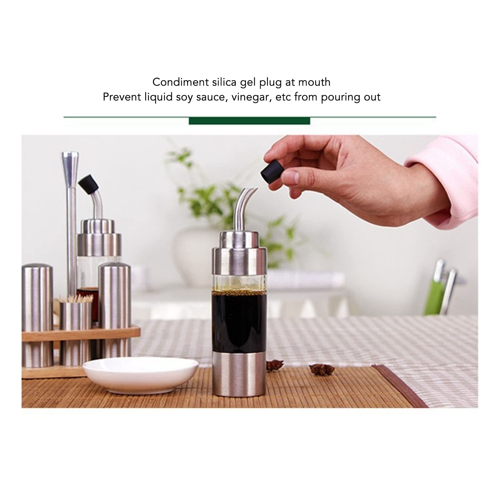 Set Dosificador de Aceite Y Vinagre, Juego de Vinagrera de Acero Inoxidable Y Vidrio de 6 Piezas que Incluye Botella de Vinagrera de Aceite, Salero Y Pimentero Y Estante de Madera para Cocina, Mesa