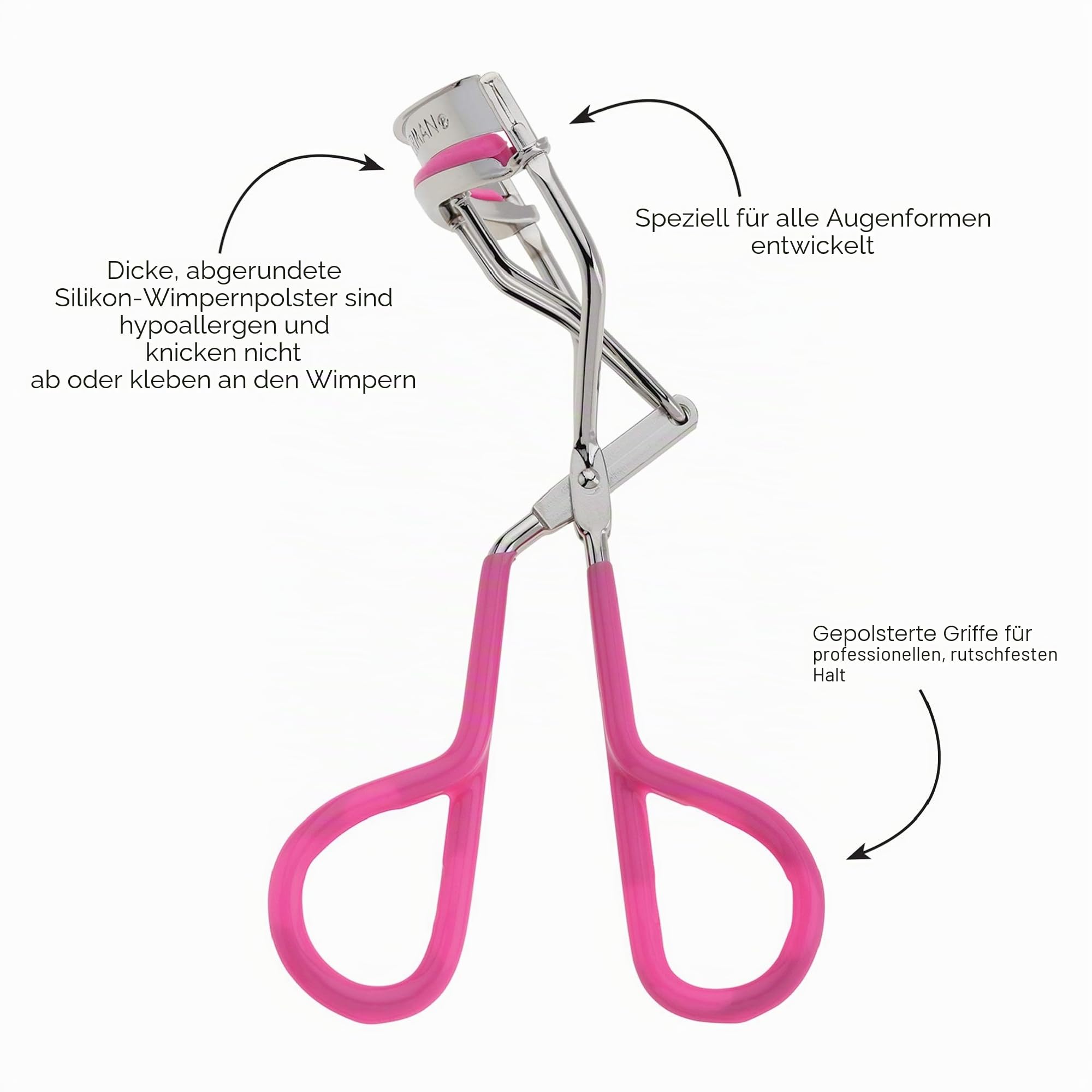 TWEEZERMAN Wimpernzange für geschwungene Wimpern – Great Grip Lash Curler, Ergonomischer Griff, inkl. 3 Silikonpolster, Neon Pink