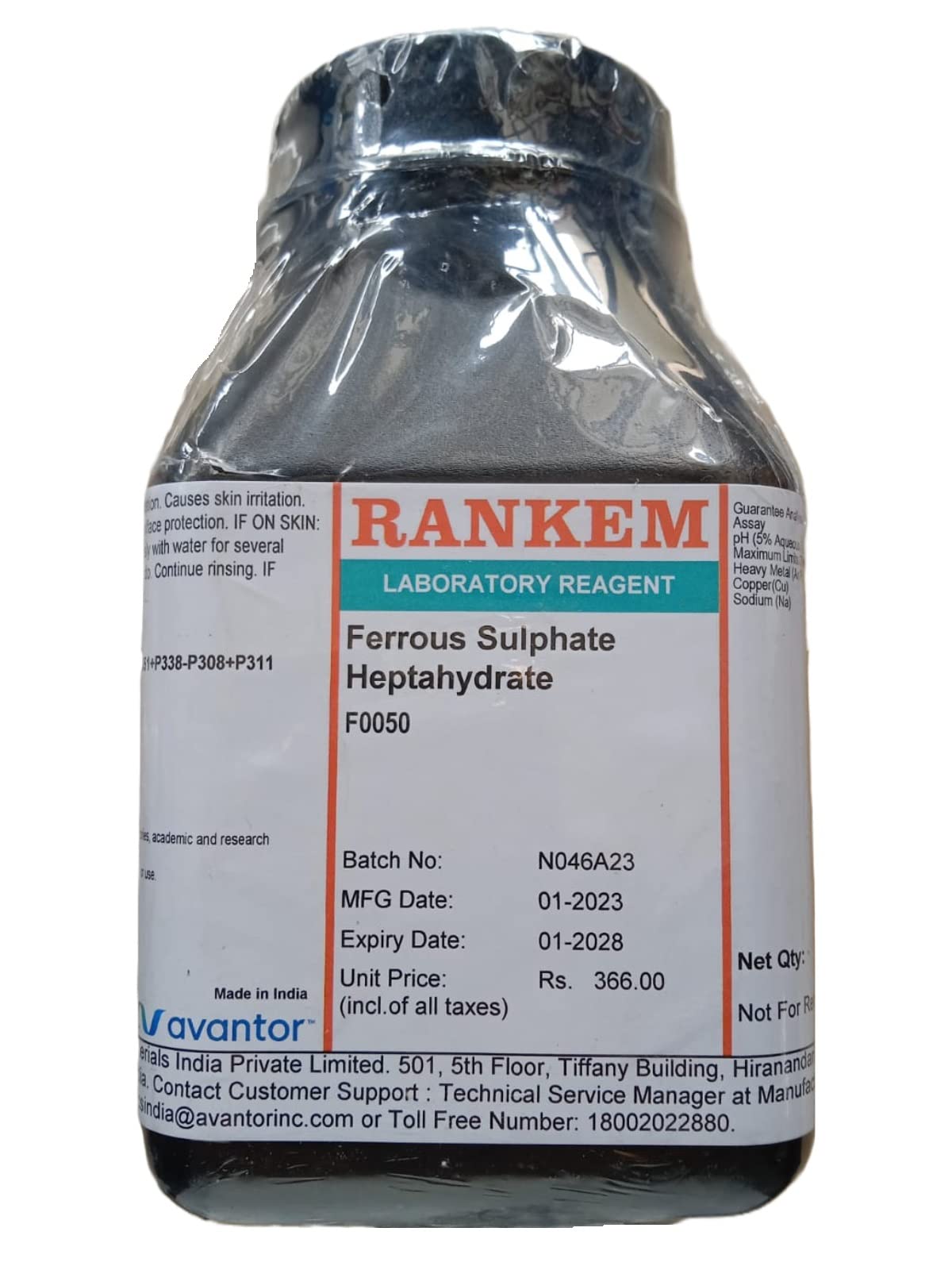 Rankem Ferrous Sulphate Heptahydrate 500Gm LR Grade, CAS NO 7782-63-0, Molecular Formula: FeSO4·7H2O, Molecular Mass: 278.02, Shelf Life 5 Years, for laboratory use only (B0BW6ZQZDH) Amazon Price History, Amazon Price Tracker