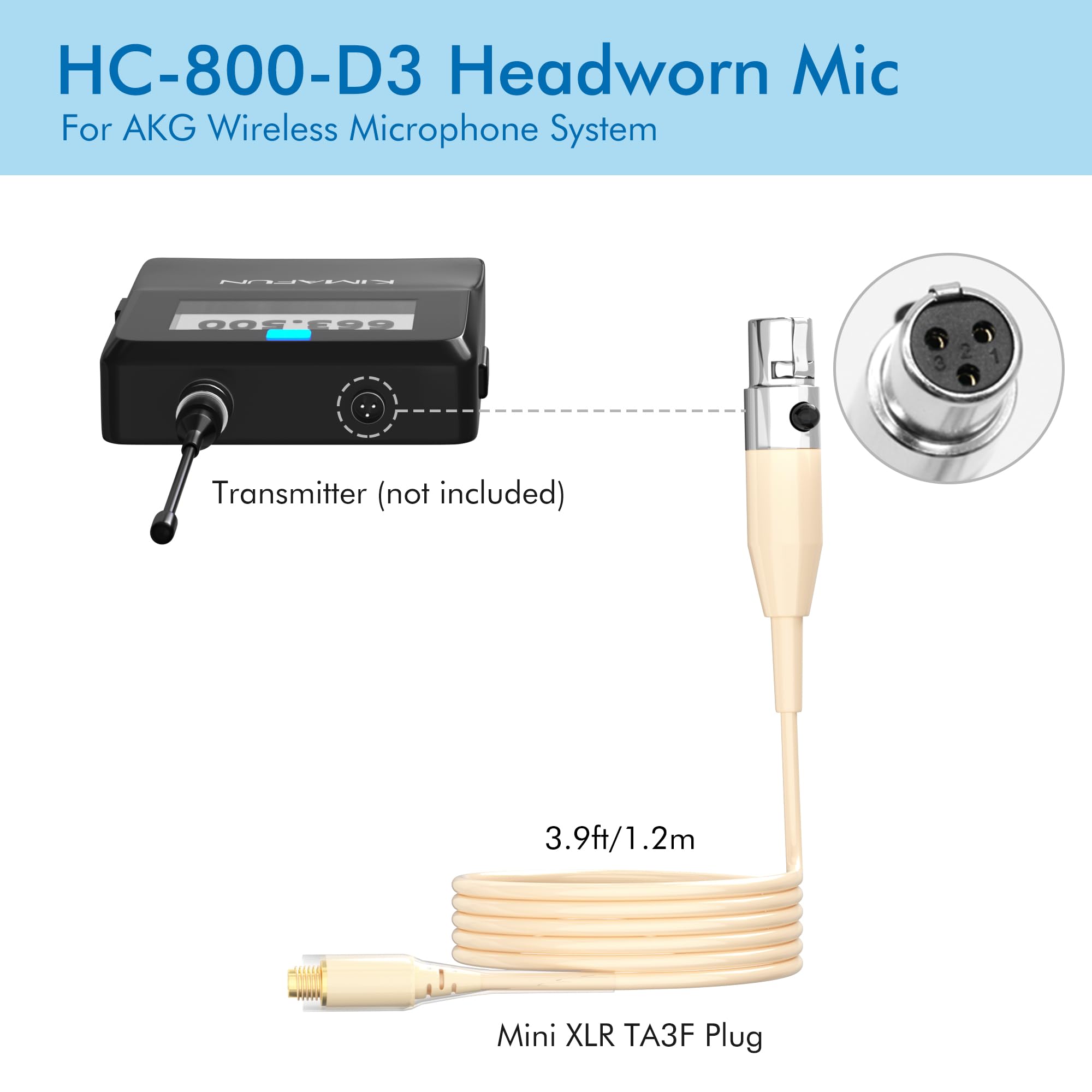 KIMAFUN Headset Mikrofon, verstellbar, Über-Ohr, Kondensatormikrofon, professionell & leicht, kompatibel Mini-XLR-TA3F-Bodypack-Sender für Auftritte Unterricht Vorträge Kirche, HC-800-D3