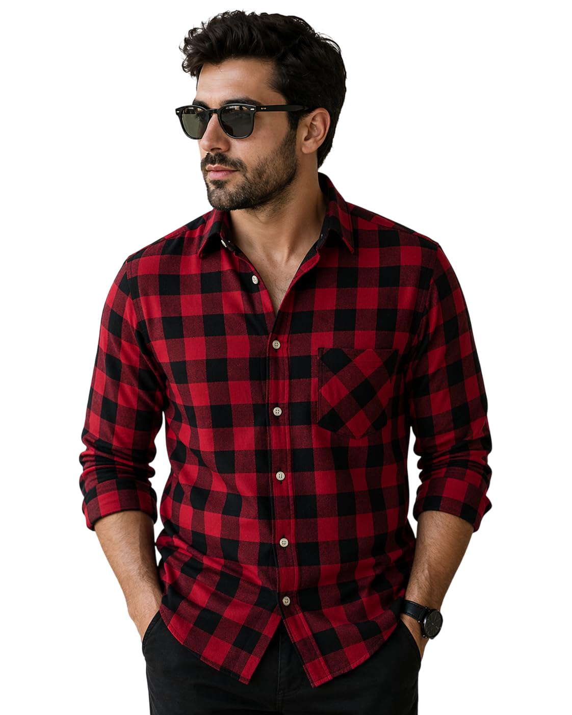 Men's Red and Black Buffalo Plaid Button-Down Shirt, Long Sleeve, Chest Pocket, Casual Style-picture-34