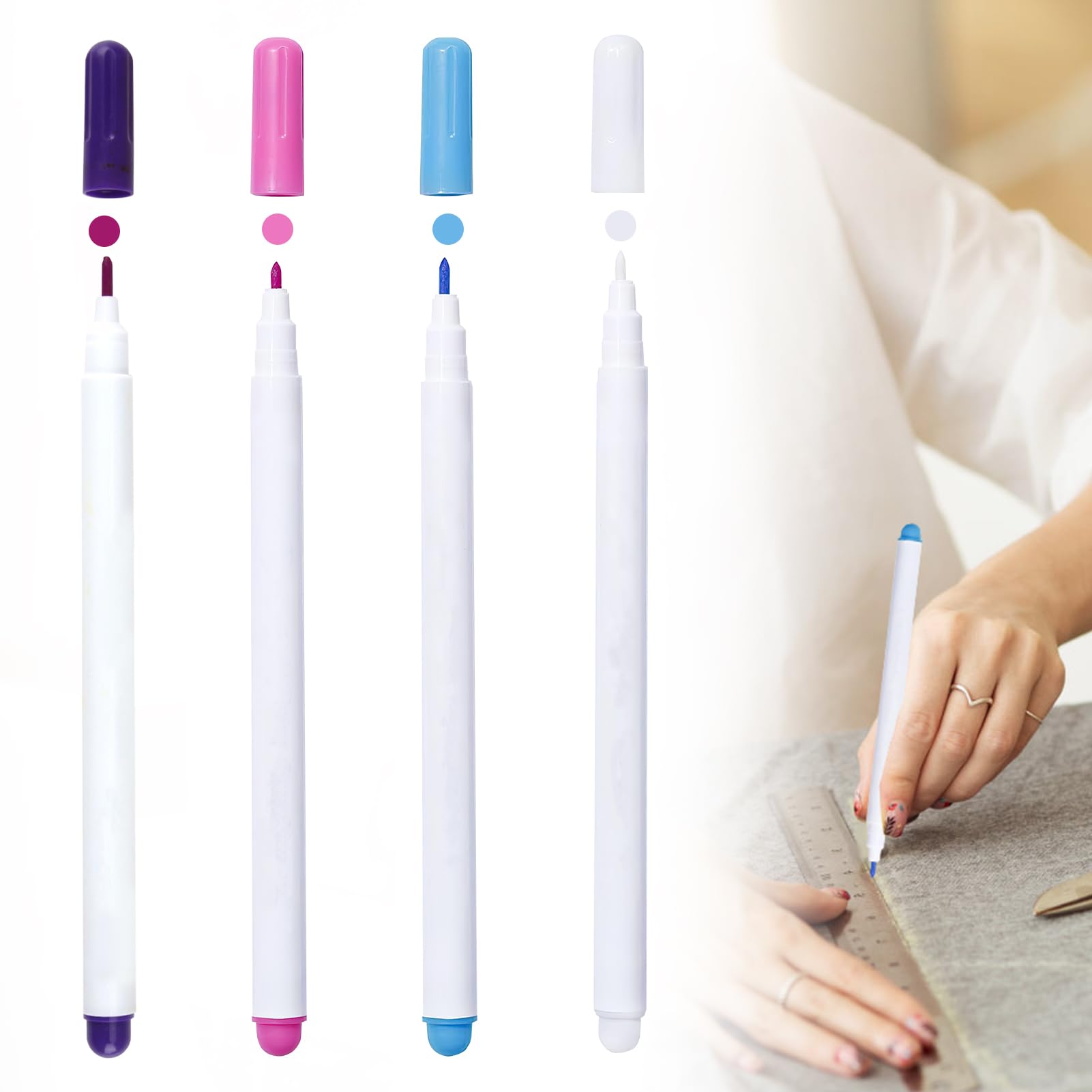 LANAFAY 4 Piezas Rotuladores de Tela Borrables con Agua, Bolígrafo Borrable de Calor Rotuladores, Marcador de Telas para Confección para Tela y Telas de Cuero,Costura, Bordado, 4 Colores