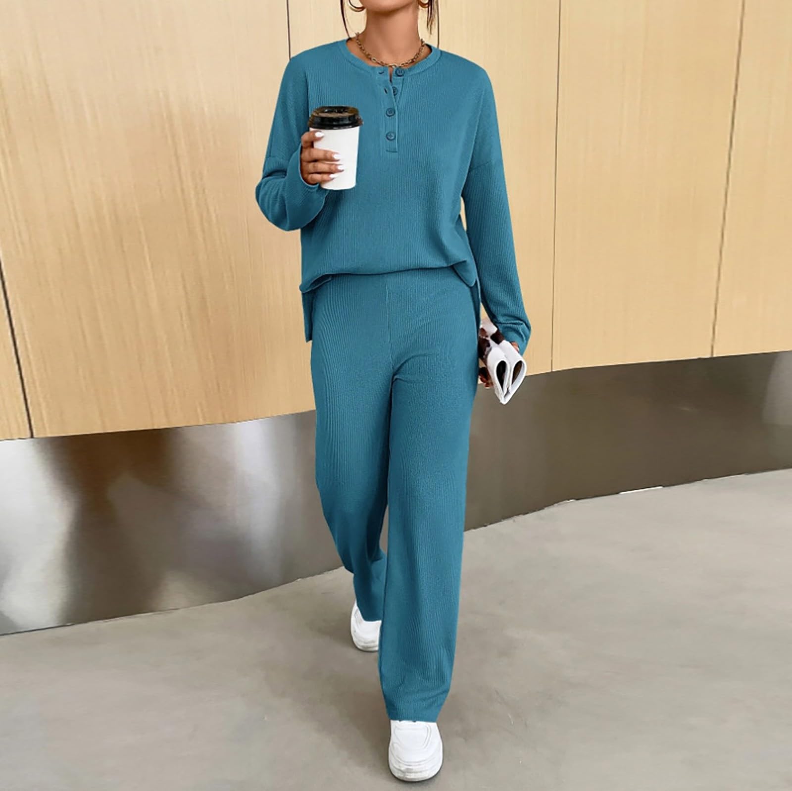 Tuta da jogging da donna senza cappuccio – Tuta da allenamento con tinta unita basic a maniche lunghe + pantaloni da jogging Baggy comodo per il tempo libero casual tuta da casa Aesthetic E-Girl