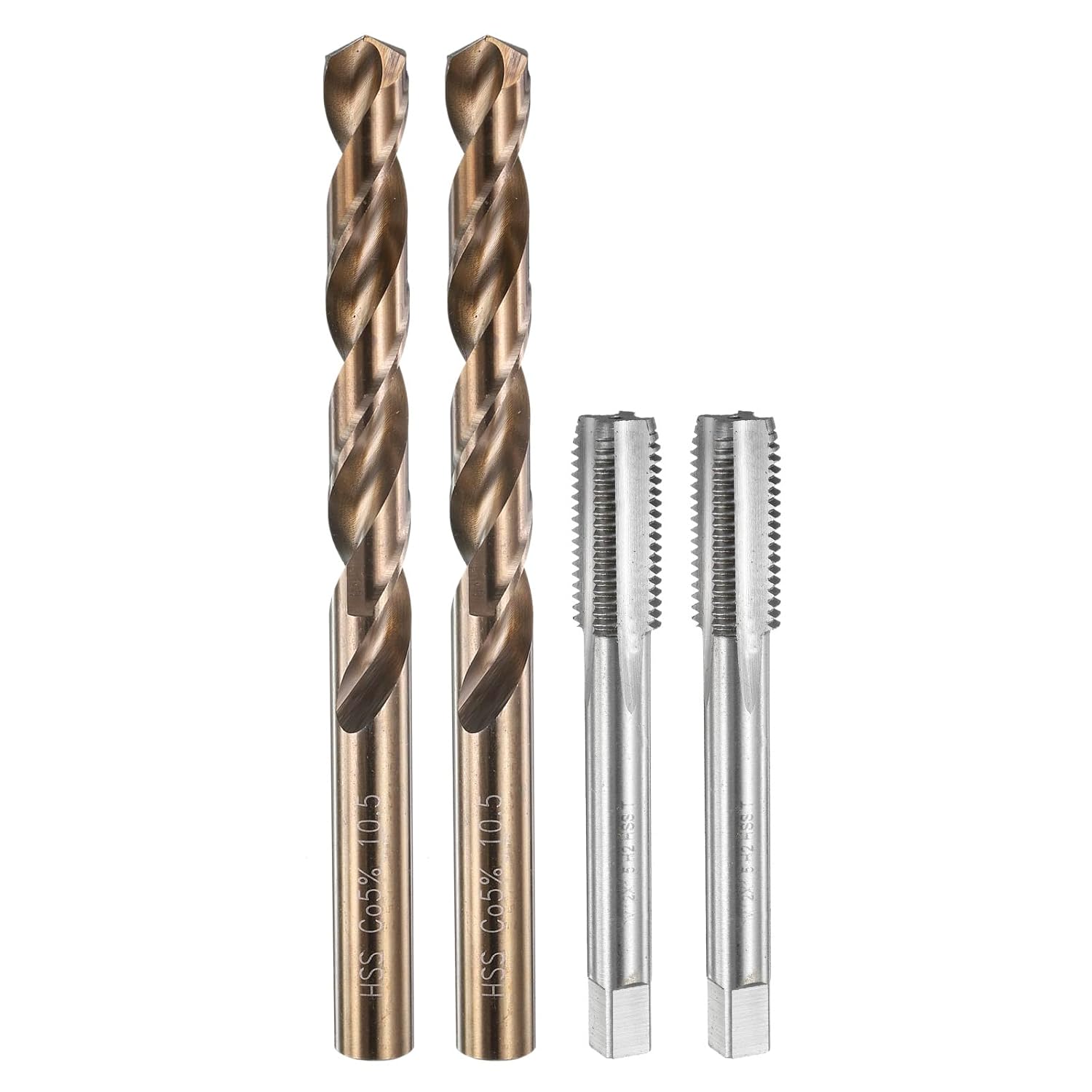 Tap and Drill Bit Set, 2pcs M12 x 1.5 Metric Straight Flute Thread Screw Taps & 2pcs 10.5mm Twist Drill Bits, Uncoated/Roasted Yellow HSS-6542/M35 HSS-CO Tapping Threading Tool