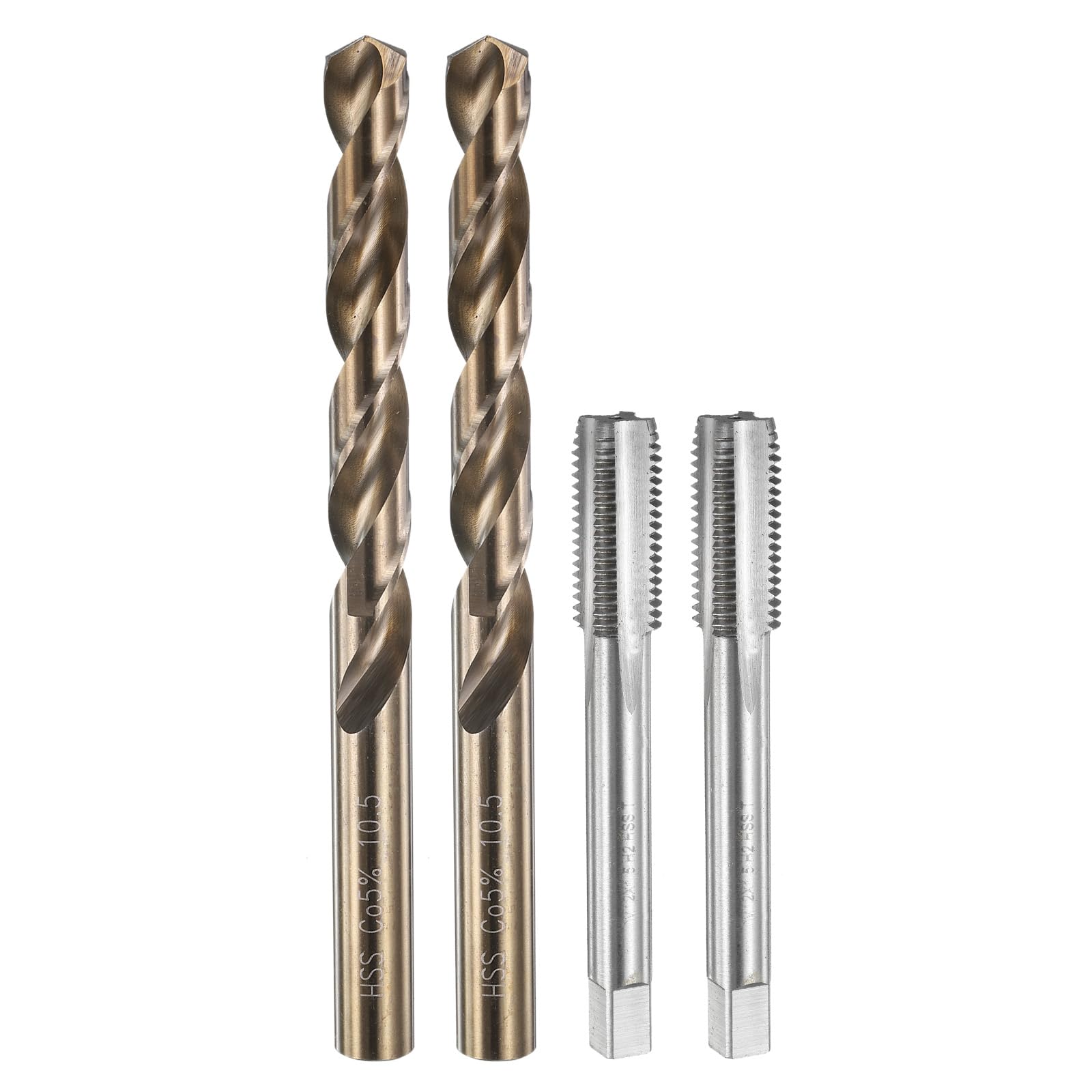 QUARKZMAN Set di Punte e Maschi per Filettare, 2pz M12 x 1.5 Metrici Maschi a Filettare a Flauto Dritto & 2pz Punte da Trapano da 10.5mm, Non Rivestiti/Giallo Tostato HSS-6542/M35