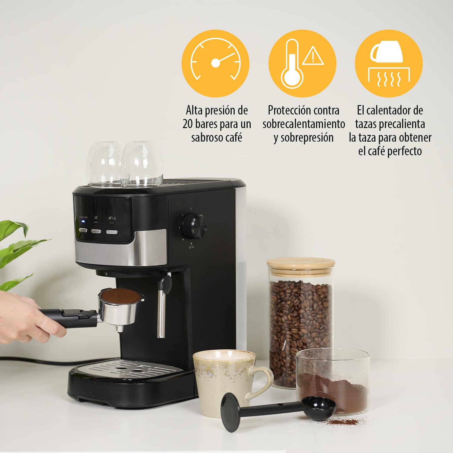 Tristar Máquina de Espresso 2 tazas a la vez | Apta para cápsulas de Nespresso y café molido | Calienta tazas | Apto para lavavajillas | 20 bares | 1100 W | CM-2278