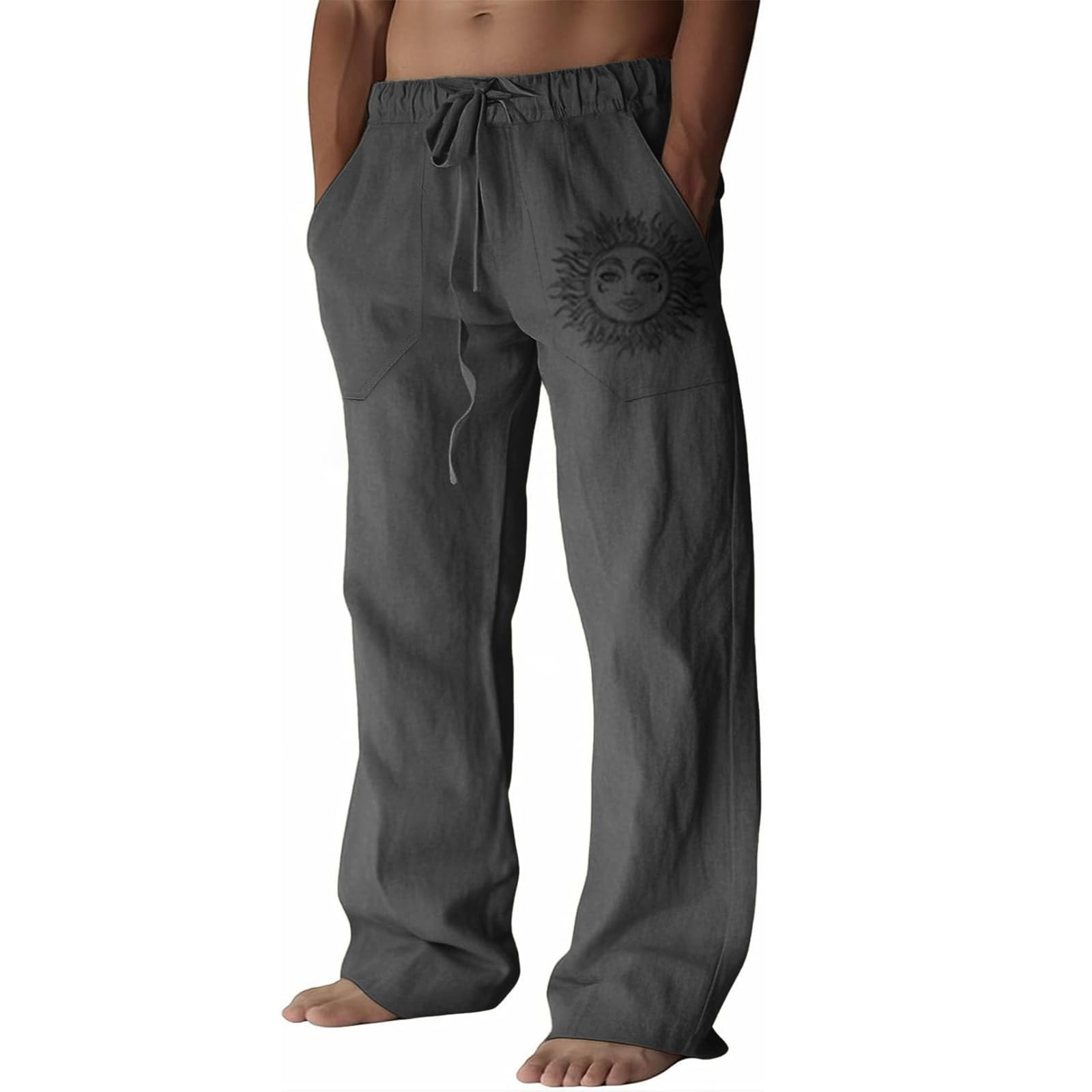 Puimentiua Leinenhose Herren,Lang Leichte Sommerhose,Loose Fit Freizeithose,Baumwollehosen mit Tunnelzug und Taschen (S-3XL)
