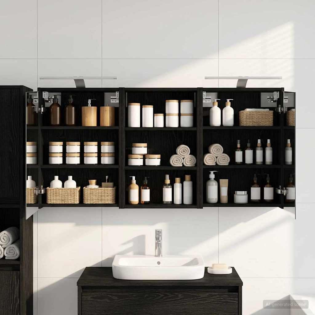 Zestaw szafek łazienkowych z materiału drewnopochodnego z 3 części, 126 x 16 x 62,5 cm, montowana na ścianie, z oświetleniem LED, miejscem do przechowywania, dwoje drzwi i dwukierunkowe