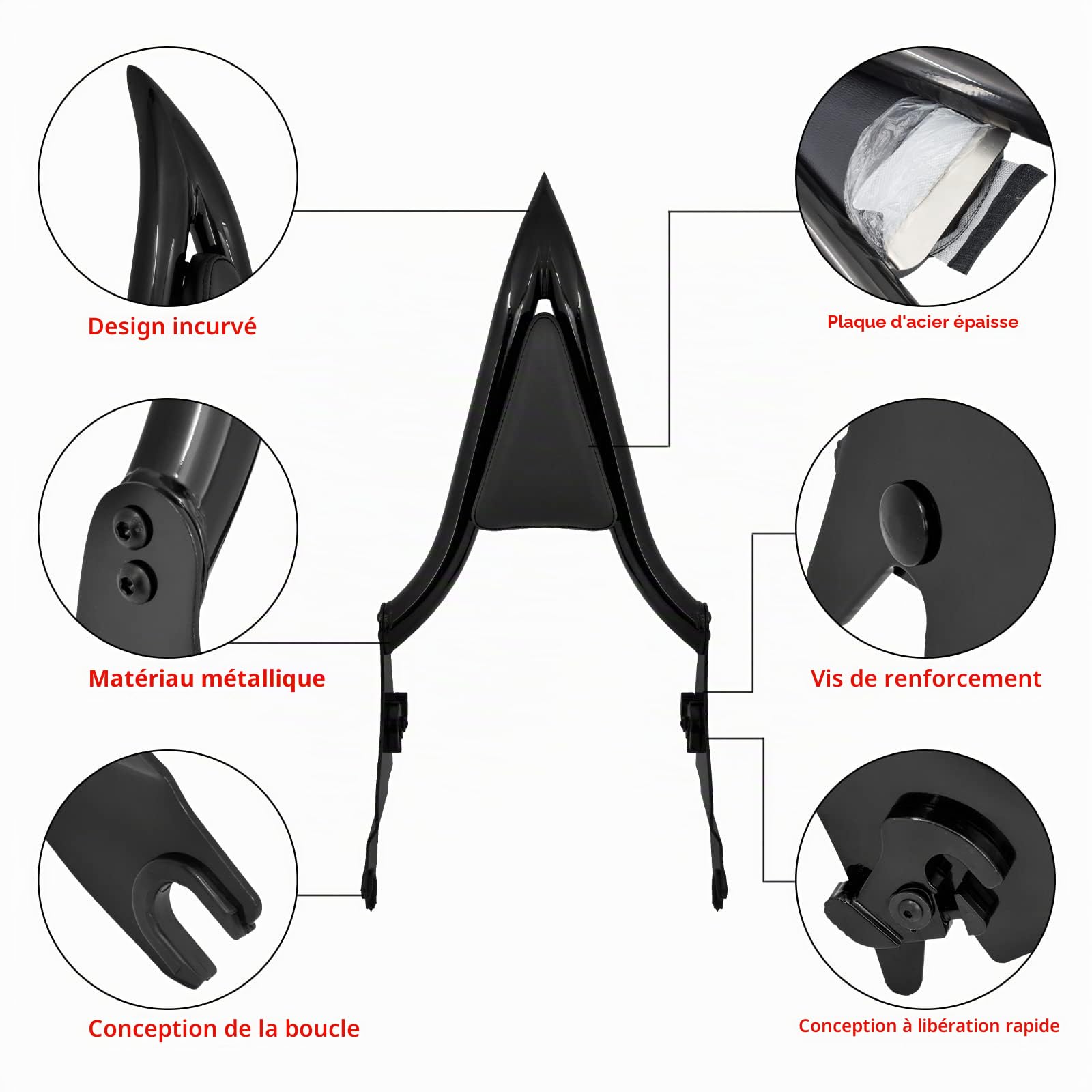 Dossier passager arrière amovible pour moto Sissy Bar pour Harley Touring Road King Road Glide Street Glide 2009-2024 (40,6 cm, noir)