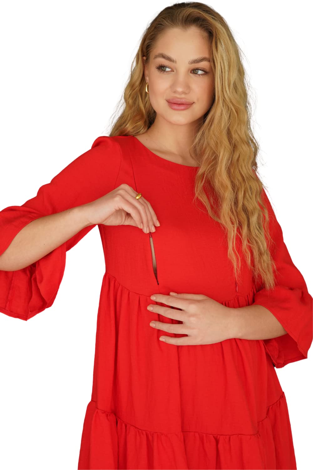 ToBeWomen's Light Maternity Dress of a Free Silhouette with Puff Sleeves, The Boho Look, red, M, Red, M