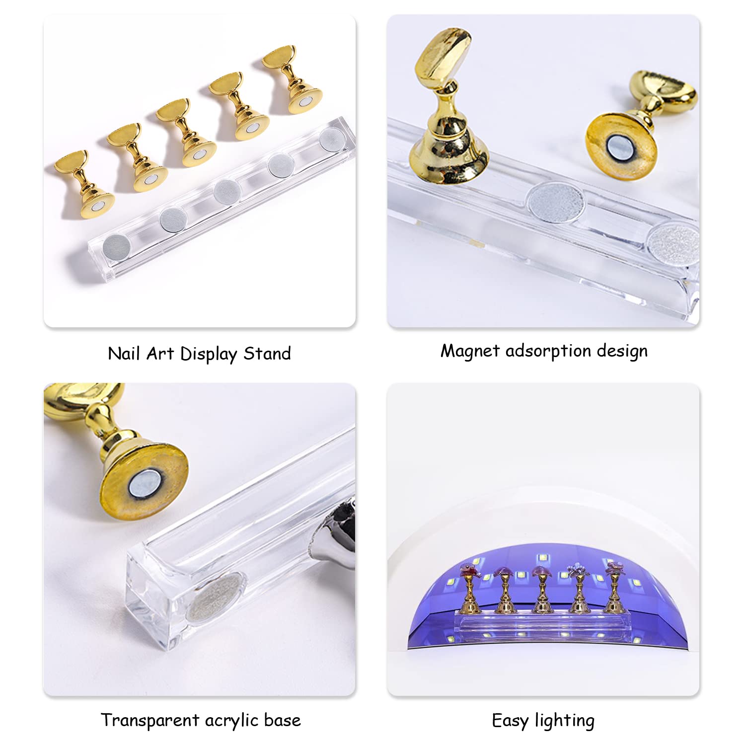 10pcs Acrylic Nail Art Display Stand with 3 Bases Nail Art Holder Base Crystal Nail Art Stand Magnetic for Nail Art Skills Practice Stand DIY Nail Art Nail Art Tools Art Salon Gold - Image 3